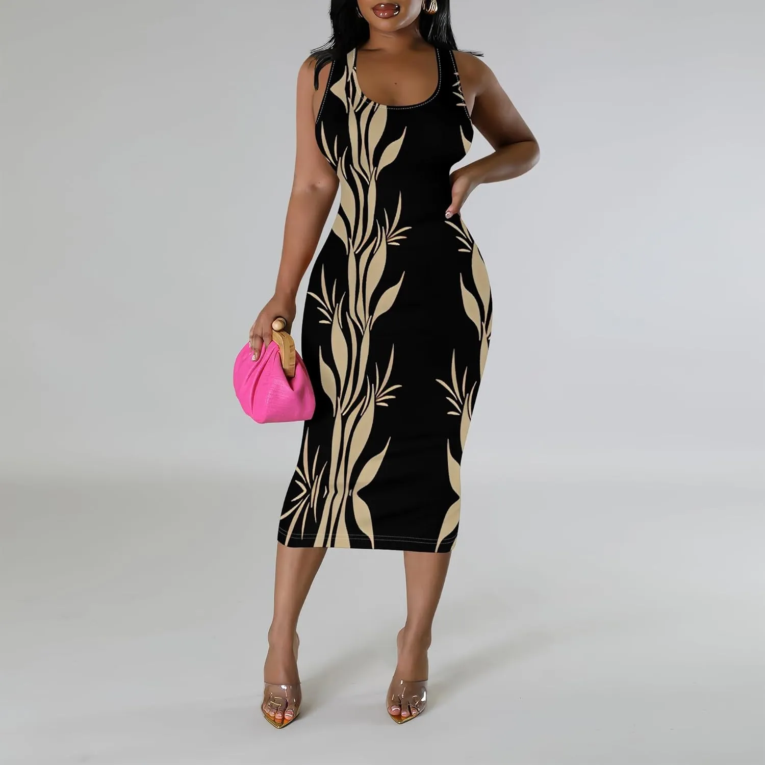 African Print Women's Summer Casual Sexy Sleeveless Bodycon Tank Dress Basic Pencil Midi Club Dresses Vacation Beach Sundress