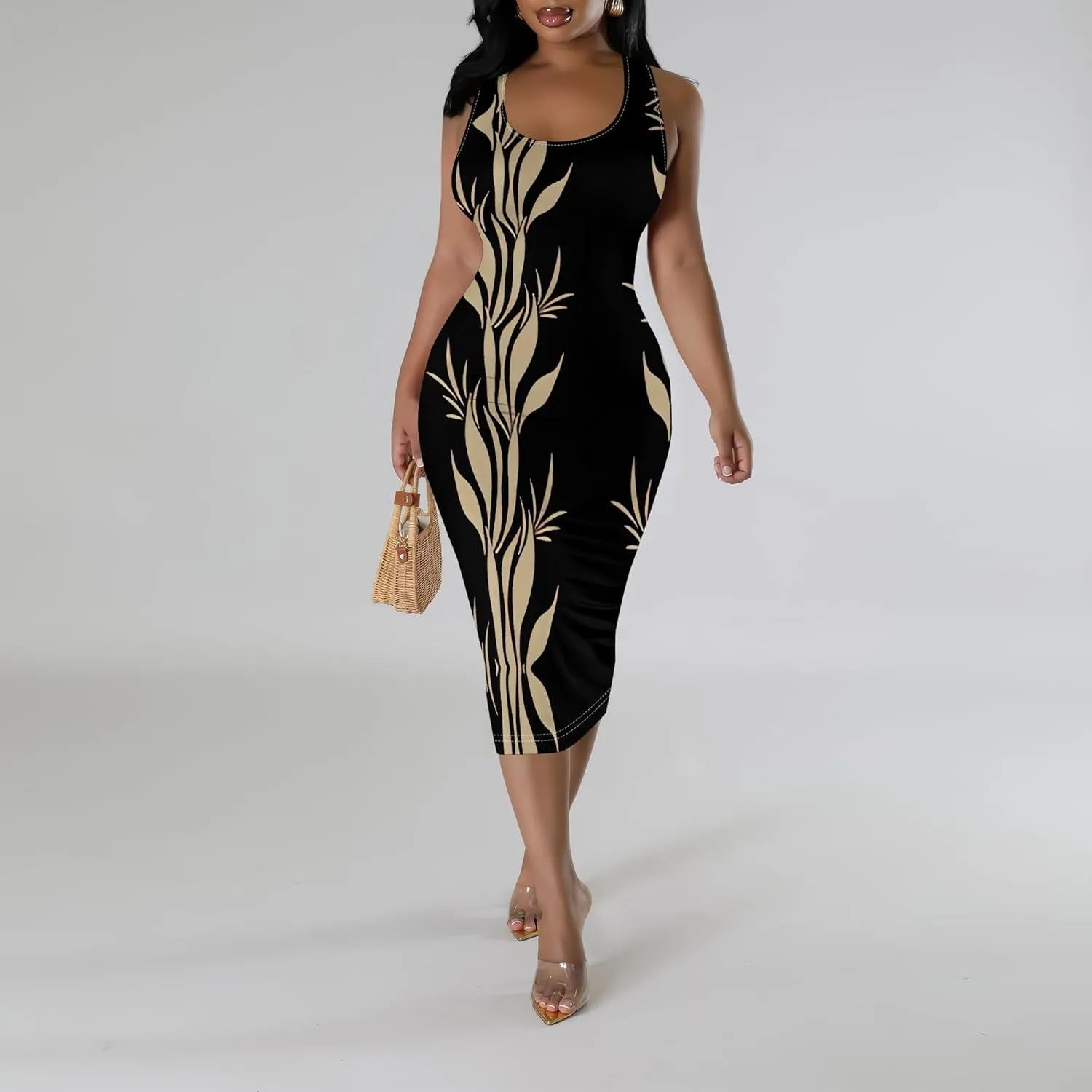 African Print Women's Summer Casual Sexy Sleeveless Bodycon Tank Dress Basic Pencil Midi Club Dresses Vacation Beach Sundress