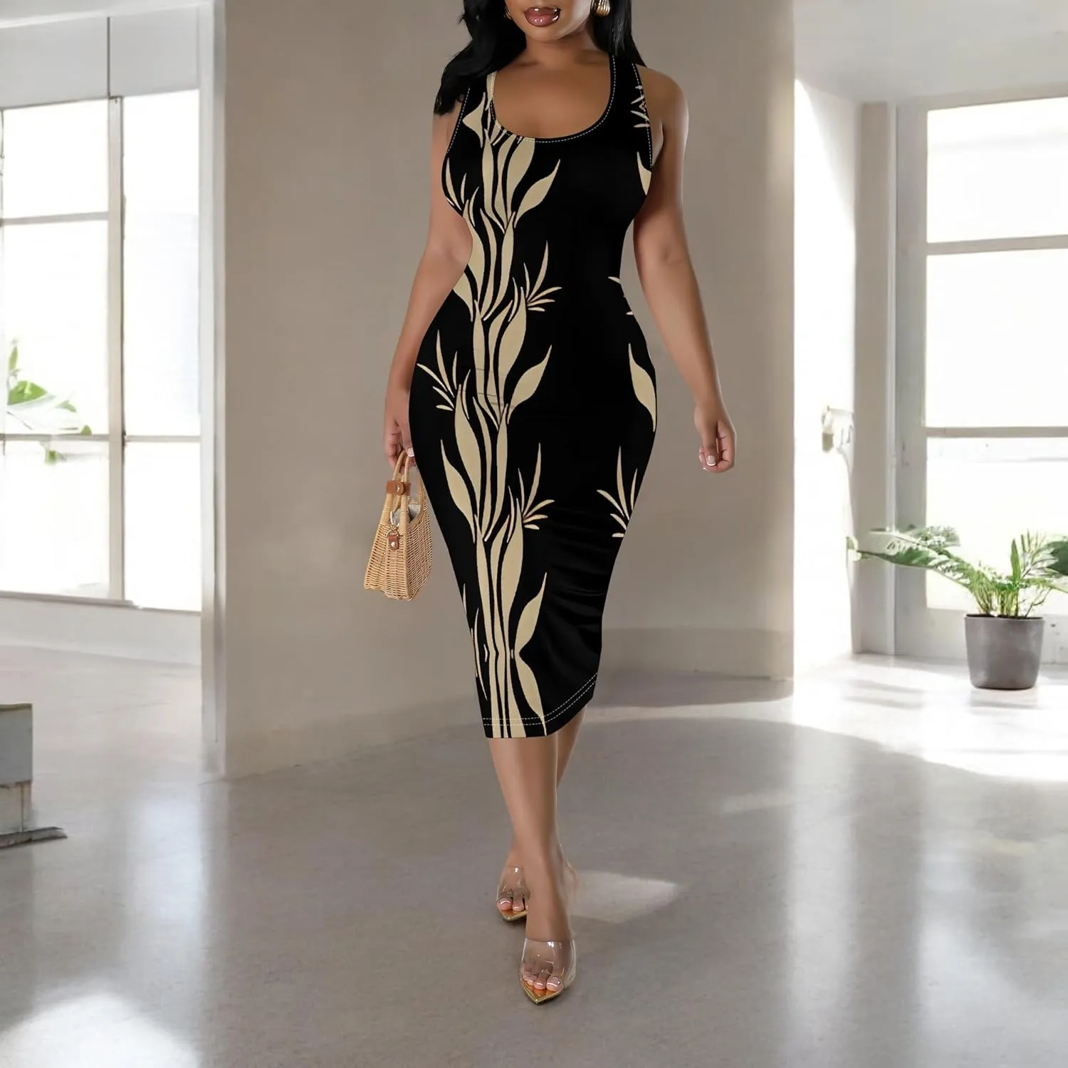 African Print Women's Summer Casual Sexy Sleeveless Bodycon Tank Dress Basic Pencil Midi Club Dresses Vacation Beach Sundress