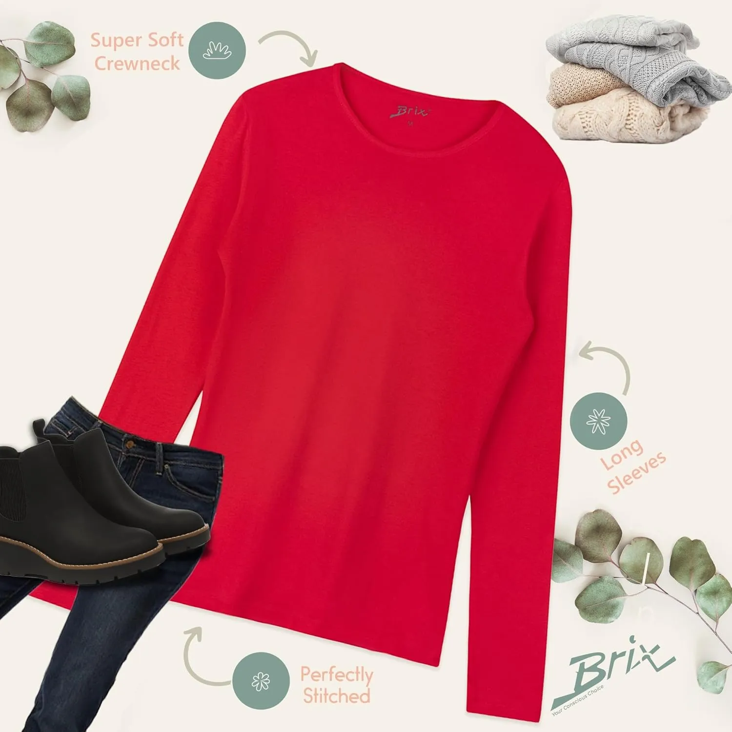 Brix Women's Long Sleeve Tee - Crewneck Cotton T-Shirt Tagless Super Soft Classic and Fitted.