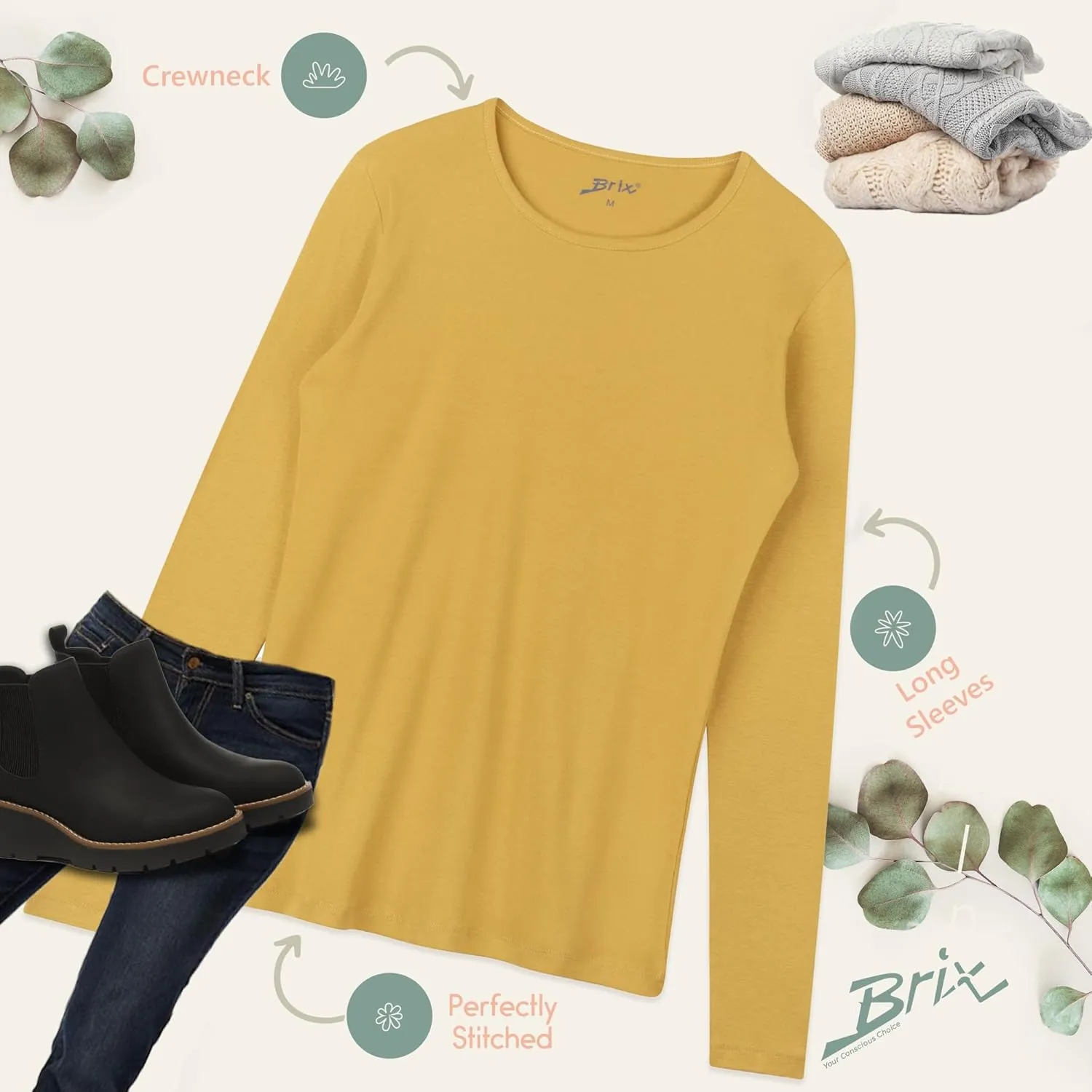 Brix Women's Long Sleeve Tee - Crewneck Cotton T-Shirt Tagless Super Soft Classic and Fitted.