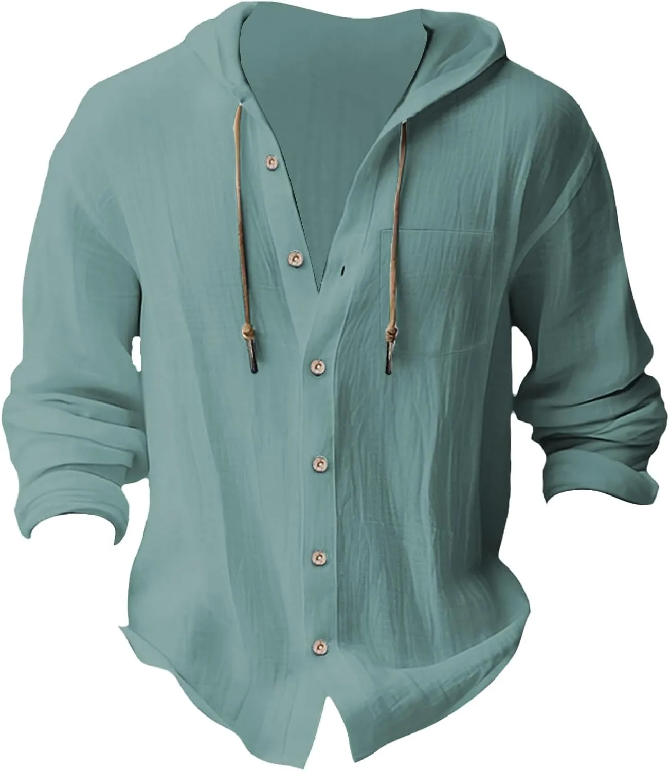 Cotton Linen Shirts for Men Drawstring Button Long Sleeve Tops with Hood Casual Breathable Summer Beach Hoodie