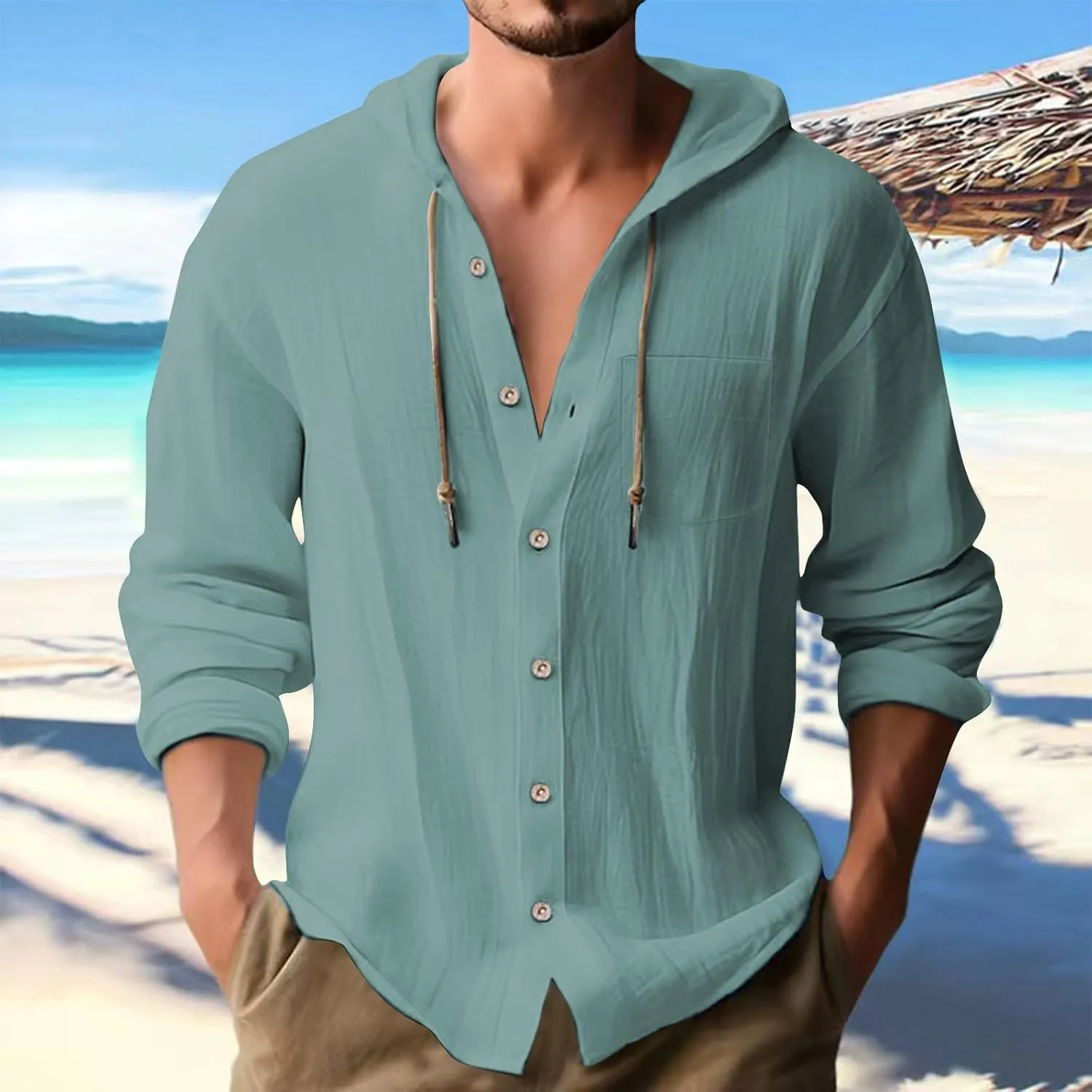Cotton Linen Shirts for Men Drawstring Button Long Sleeve Tops with Hood Casual Breathable Summer Beach Hoodie