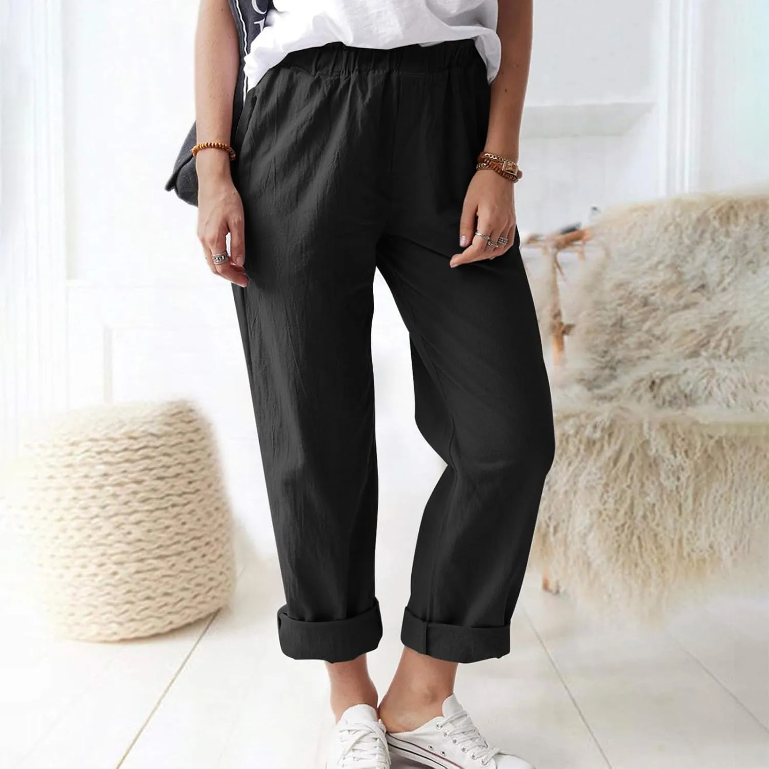Cotton Linen Trouser Pants for Women Boho Beach Capris Pants 2024 Casual Summer Lightweight Drawstring Pants Pockets