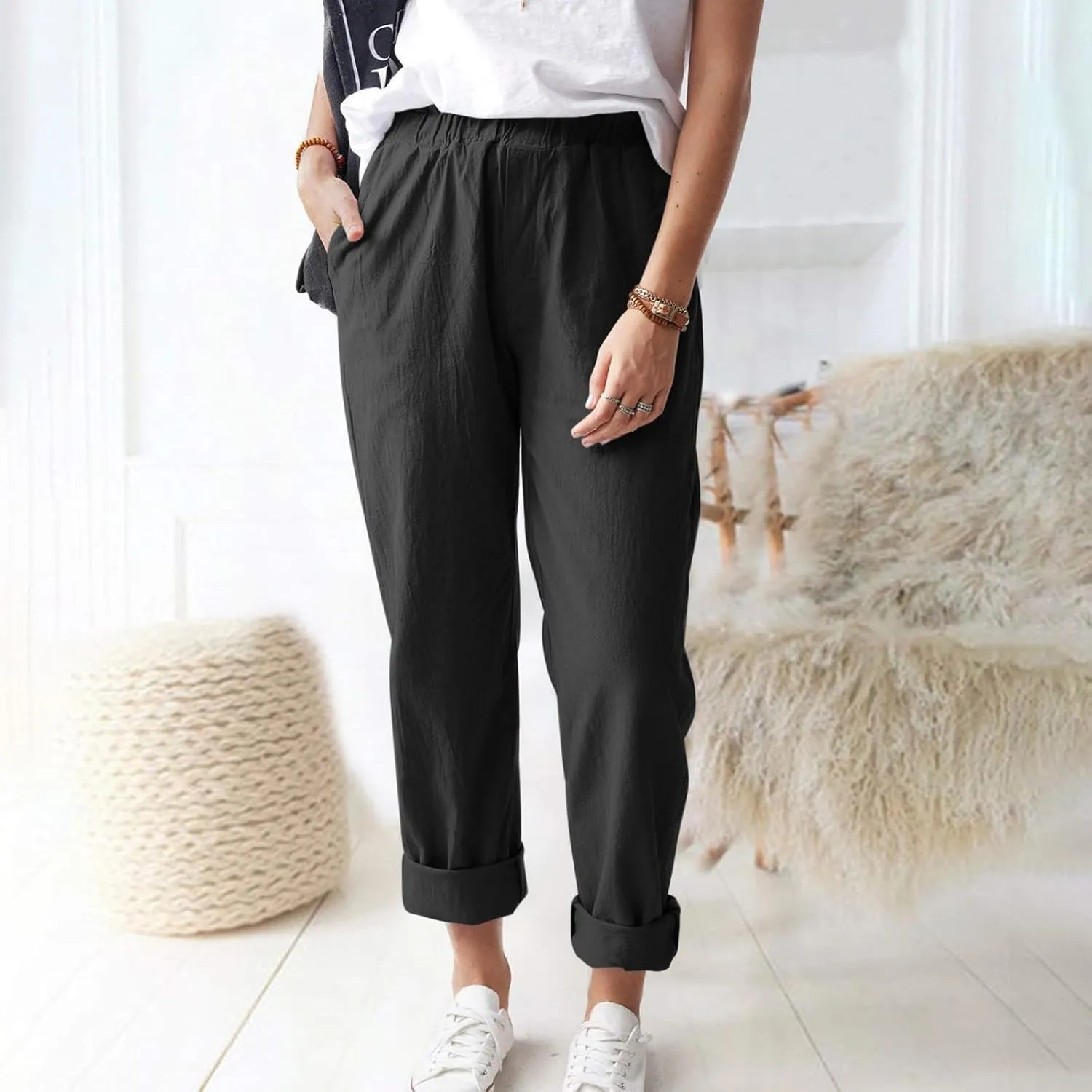 Cotton Linen Trouser Pants for Women Boho Beach Capris Pants 2024 Casual Summer Lightweight Drawstring Pants Pockets
