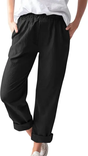 Cotton Linen Trouser Pants for Women Boho Beach Capris Pants 2024 Casual Summer Lightweight Drawstring Pants Pockets
