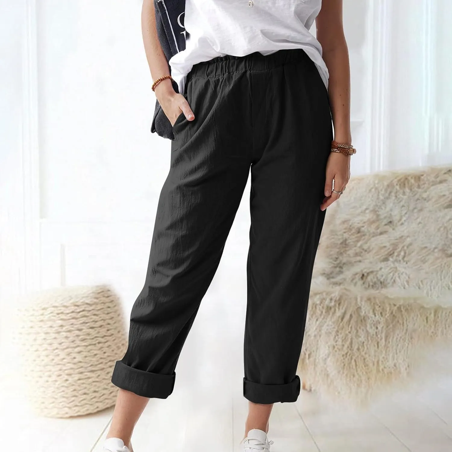 Cotton Linen Trouser Pants for Women Boho Beach Capris Pants 2024 Casual Summer Lightweight Drawstring Pants Pockets