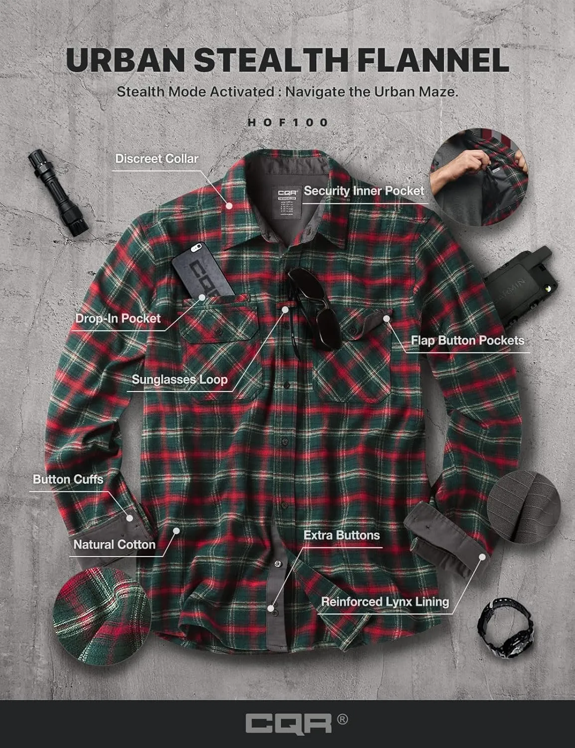 CQR Men's All Cotton Flannel Shirt, Long Sleeve Casual Button Down Plaid Shirt, Brushed Soft Outdoor Tactical Work Shirts