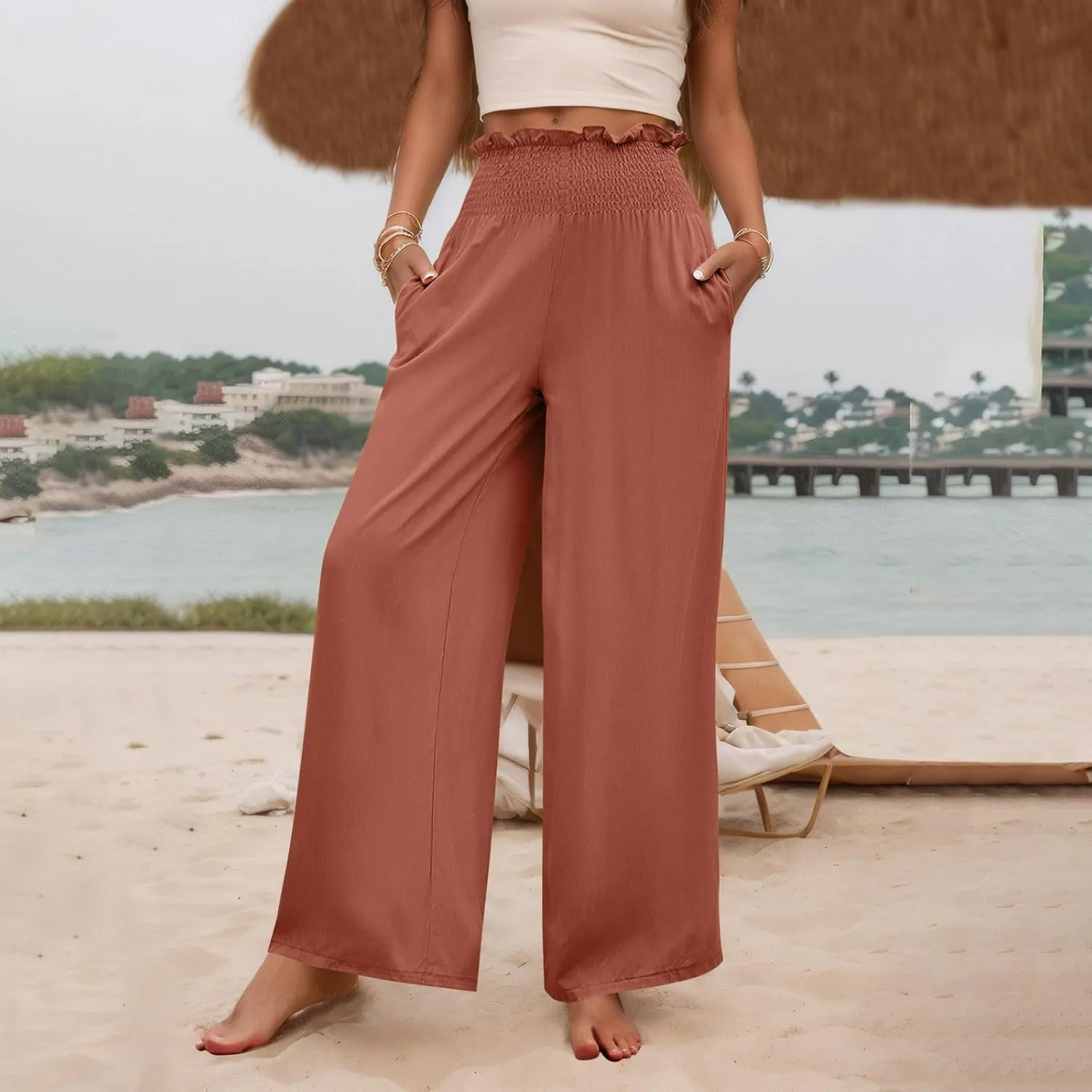 GOFULY Linen Pants Women Wide Leg 2025 High Waisted Pants Elastic Waist 2025 Summer Loose Fit Solid Trousers with Pockets
