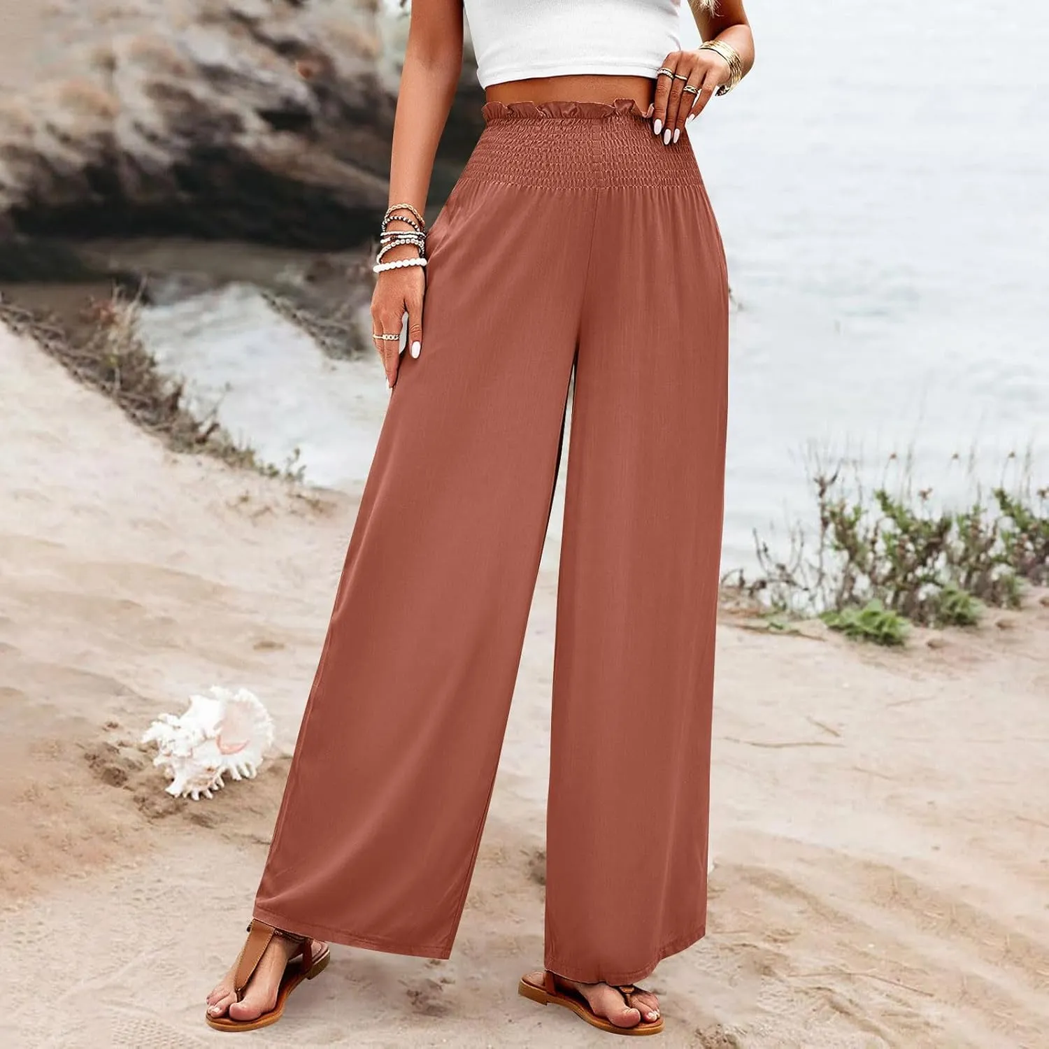 GOFULY Linen Pants Women Wide Leg 2025 High Waisted Pants Elastic Waist 2025 Summer Loose Fit Solid Trousers with Pockets