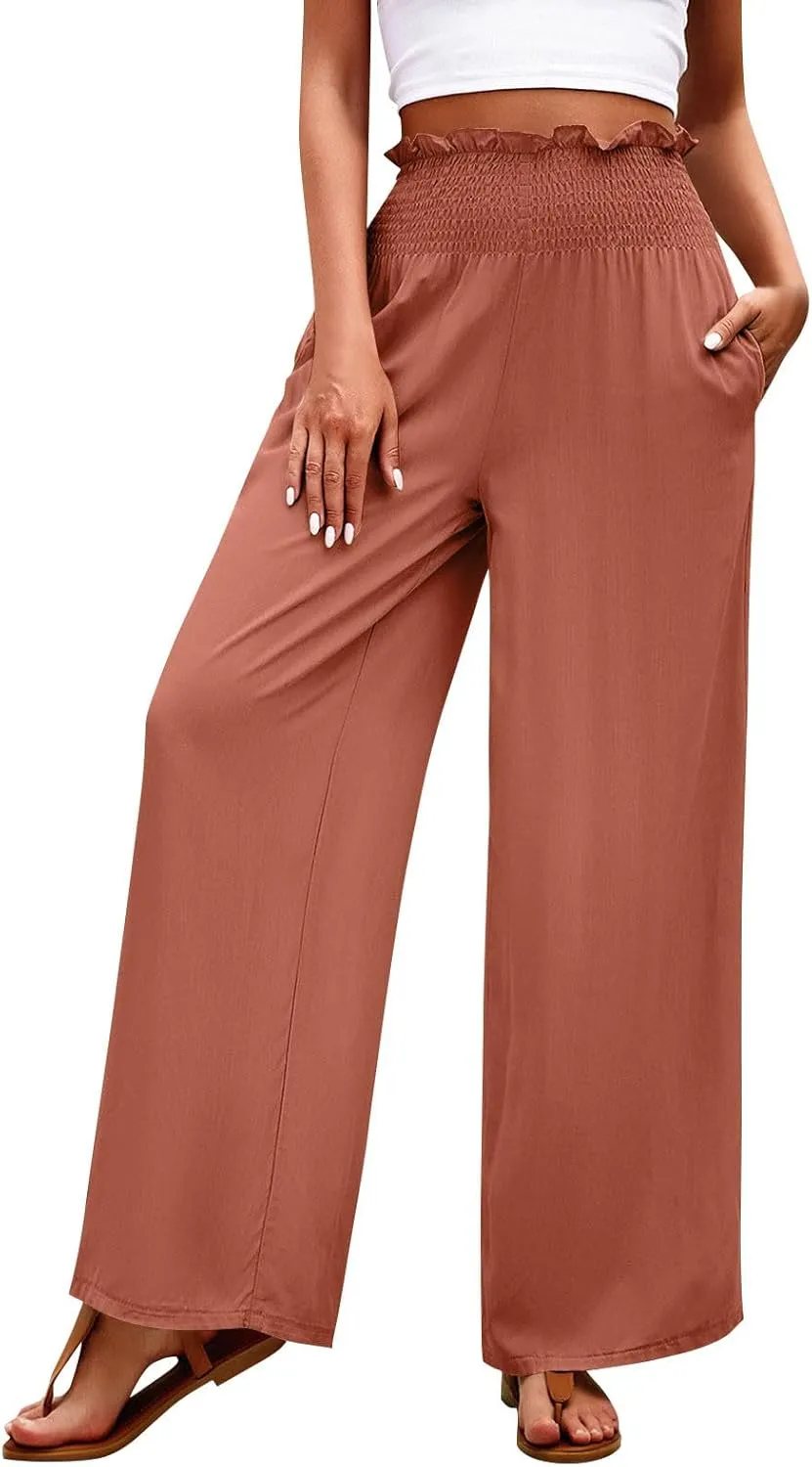 GOFULY Linen Pants Women Wide Leg 2025 High Waisted Pants Elastic Waist 2025 Summer Loose Fit Solid Trousers with Pockets