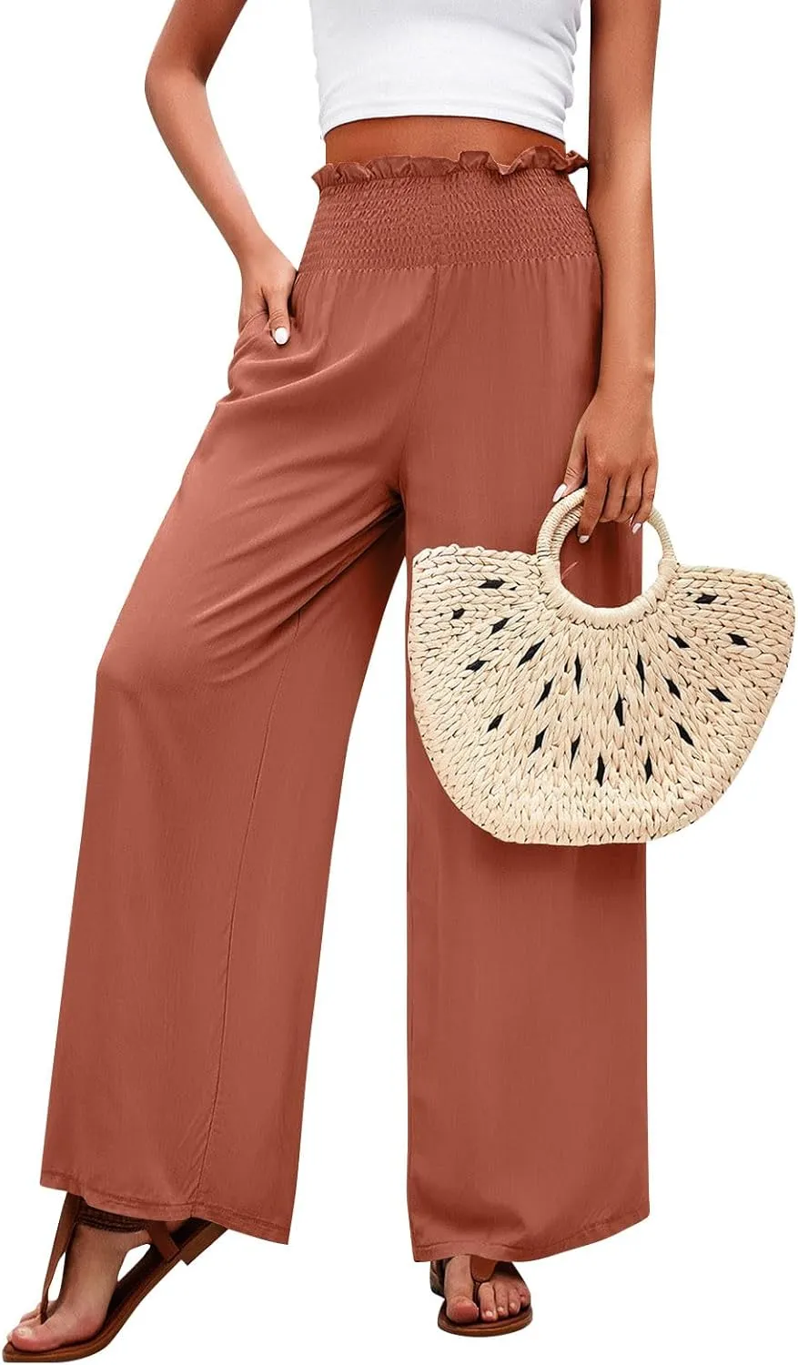 GOFULY Linen Pants Women Wide Leg 2025 High Waisted Pants Elastic Waist 2025 Summer Loose Fit Solid Trousers with Pockets