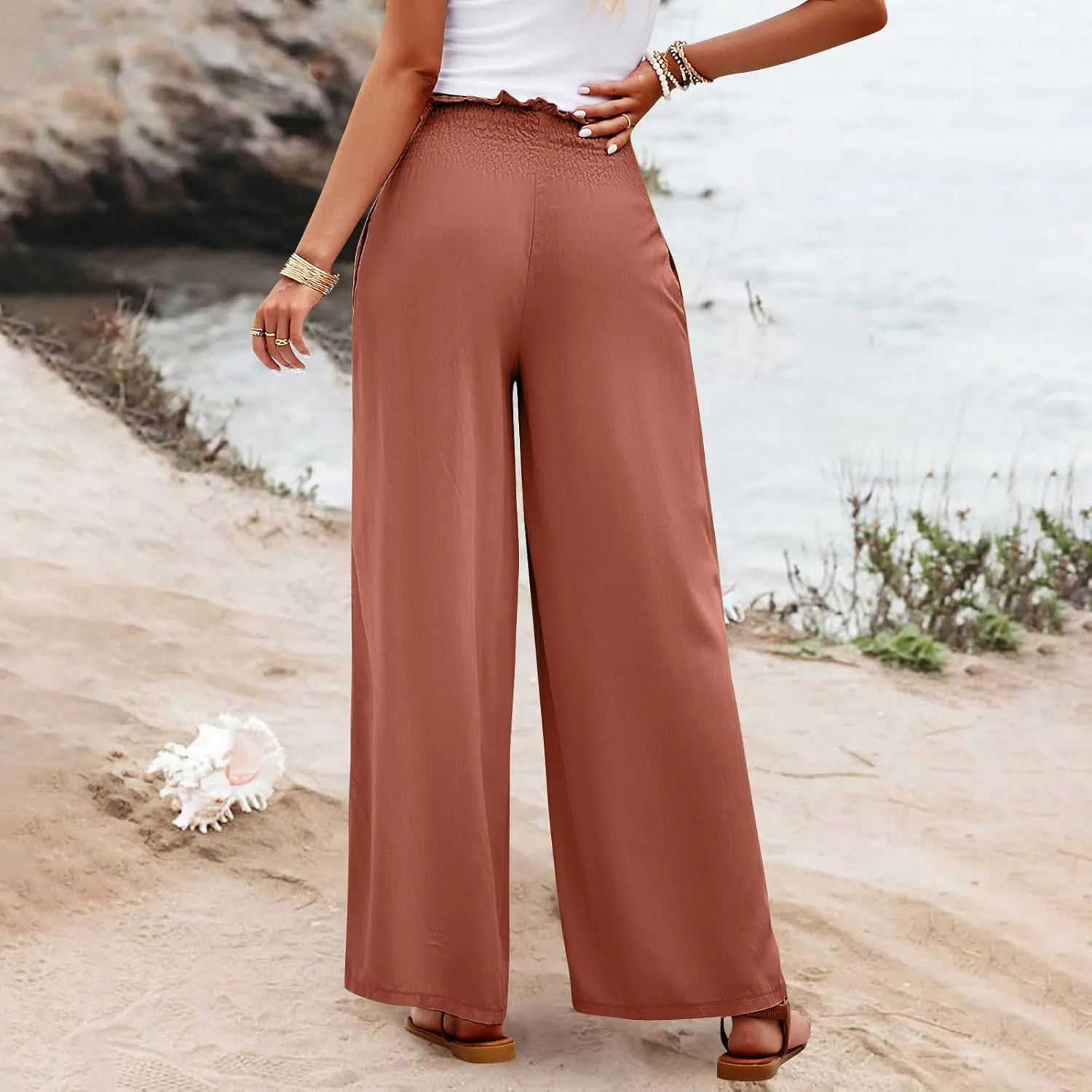 GOFULY Linen Pants Women Wide Leg 2025 High Waisted Pants Elastic Waist 2025 Summer Loose Fit Solid Trousers with Pockets