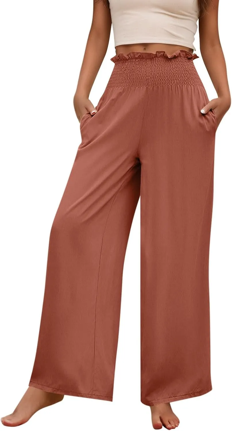 GOFULY Linen Pants Women Wide Leg 2025 High Waisted Pants Elastic Waist 2025 Summer Loose Fit Solid Trousers with Pockets
