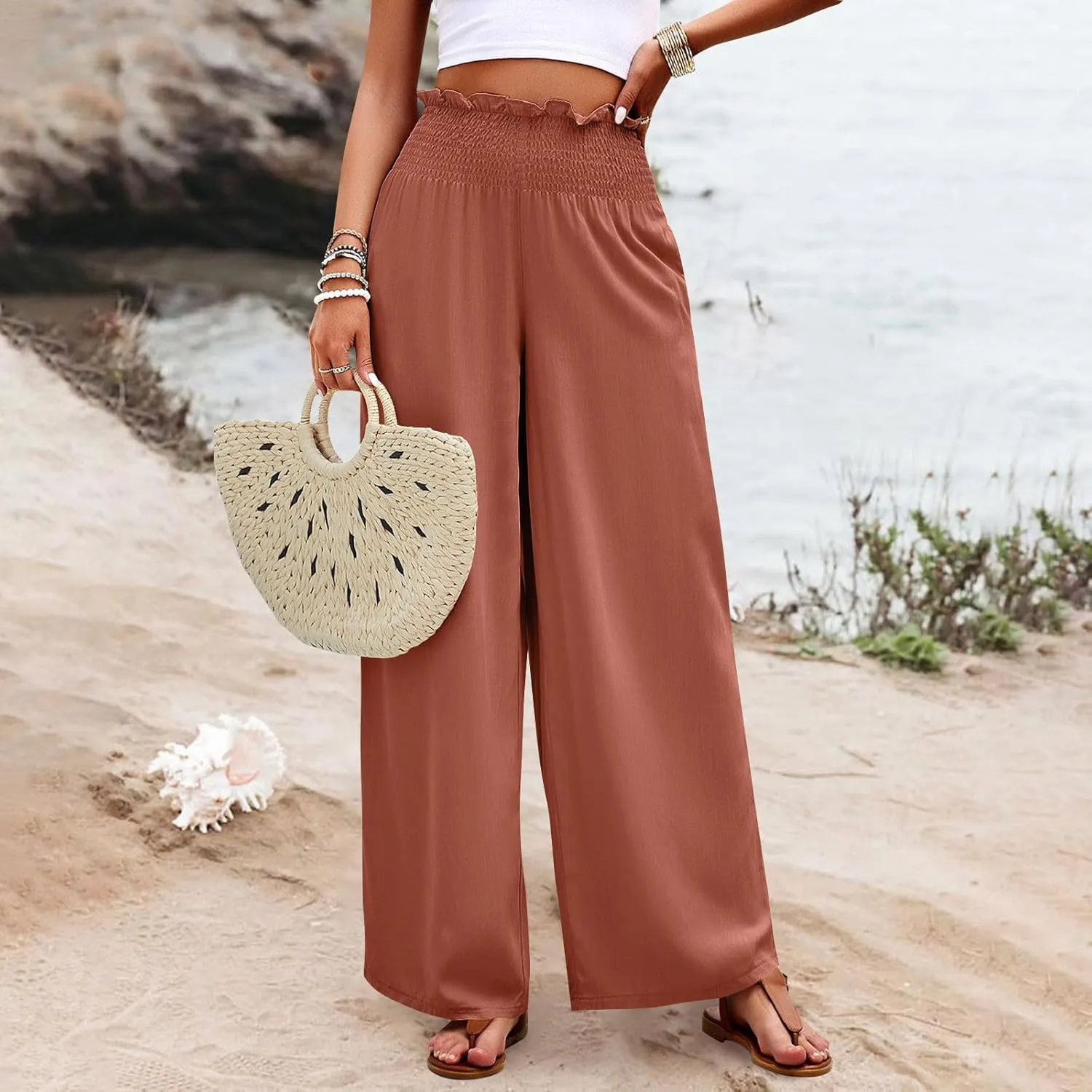 GOFULY Linen Pants Women Wide Leg 2025 High Waisted Pants Elastic Waist 2025 Summer Loose Fit Solid Trousers with Pockets
