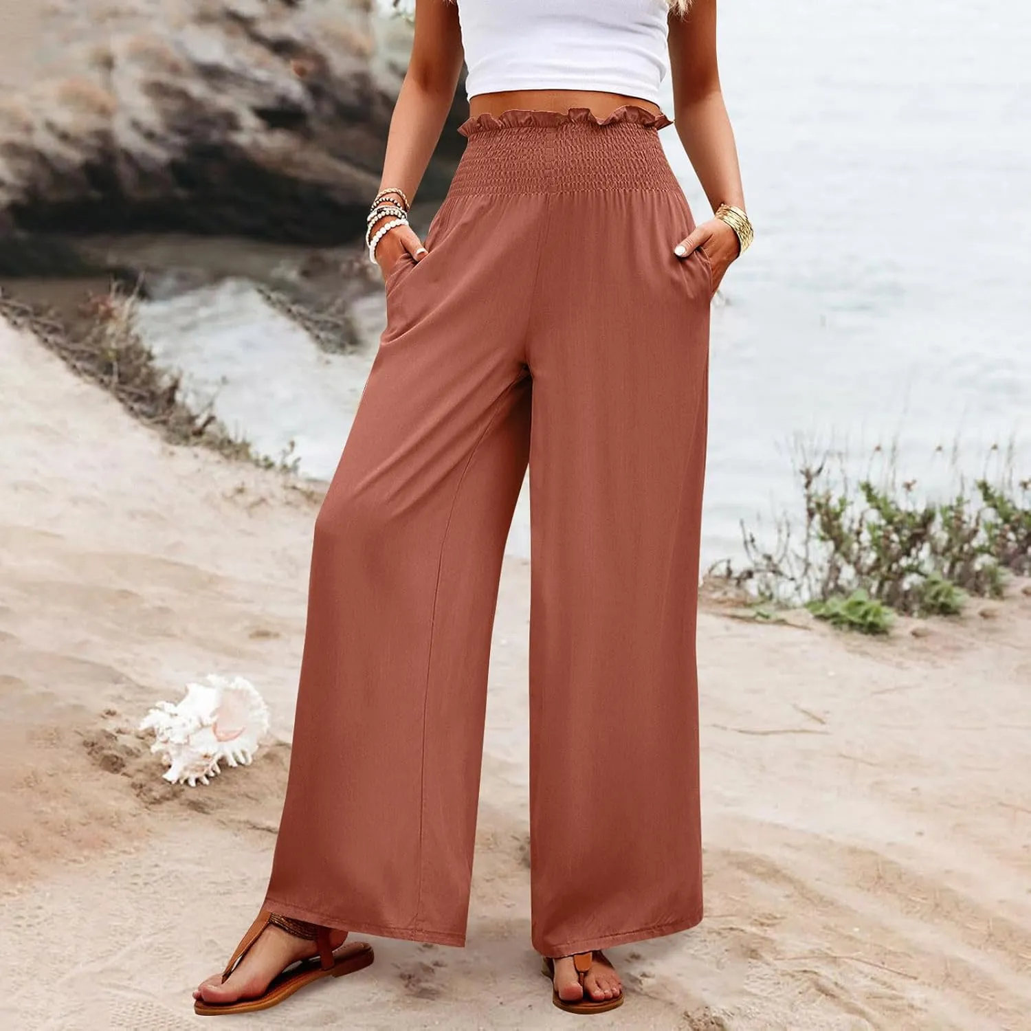 GOFULY Linen Pants Women Wide Leg 2025 High Waisted Pants Elastic Waist 2025 Summer Loose Fit Solid Trousers with Pockets