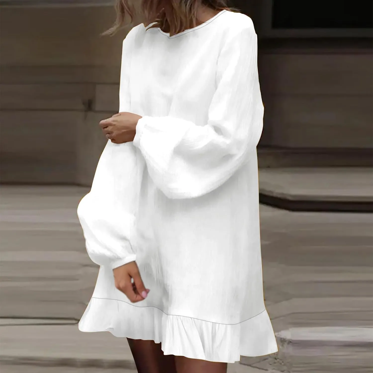 hlysgo Petite Dresses for Women Summer Ruffled Hem Cotton Linen Mini Dress Cute Long Sleeveless Crew Neck Going Out Dress