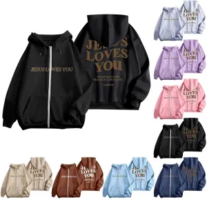 Jesus Loves You Zip Up Christian Hoodies for Women Bible Verse Oversized Long Sleeve Pockets Drawstring Sweatshirts