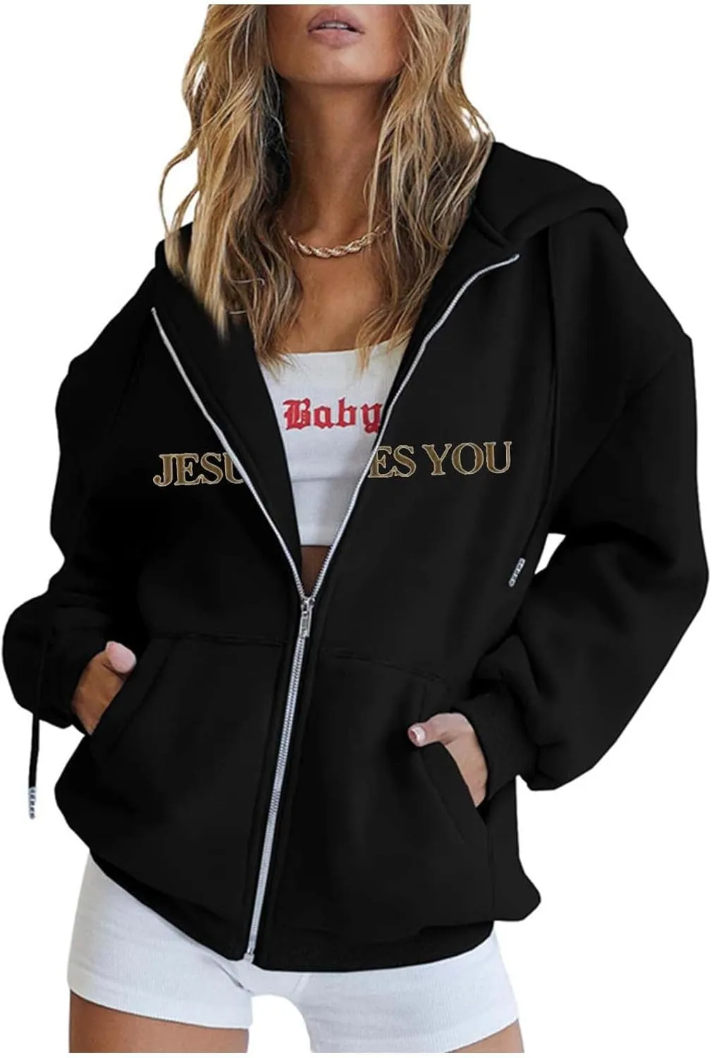 Jesus Loves You Zip Up Christian Hoodies for Women Bible Verse Oversized Long Sleeve Pockets Drawstring Sweatshirts