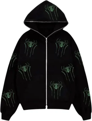 Kaipiclos Skeleton Hoodie Men Women Full Zip Up Hoodie Over Face Oversized Graphic Rhinestone Skull Streetwear Jacket