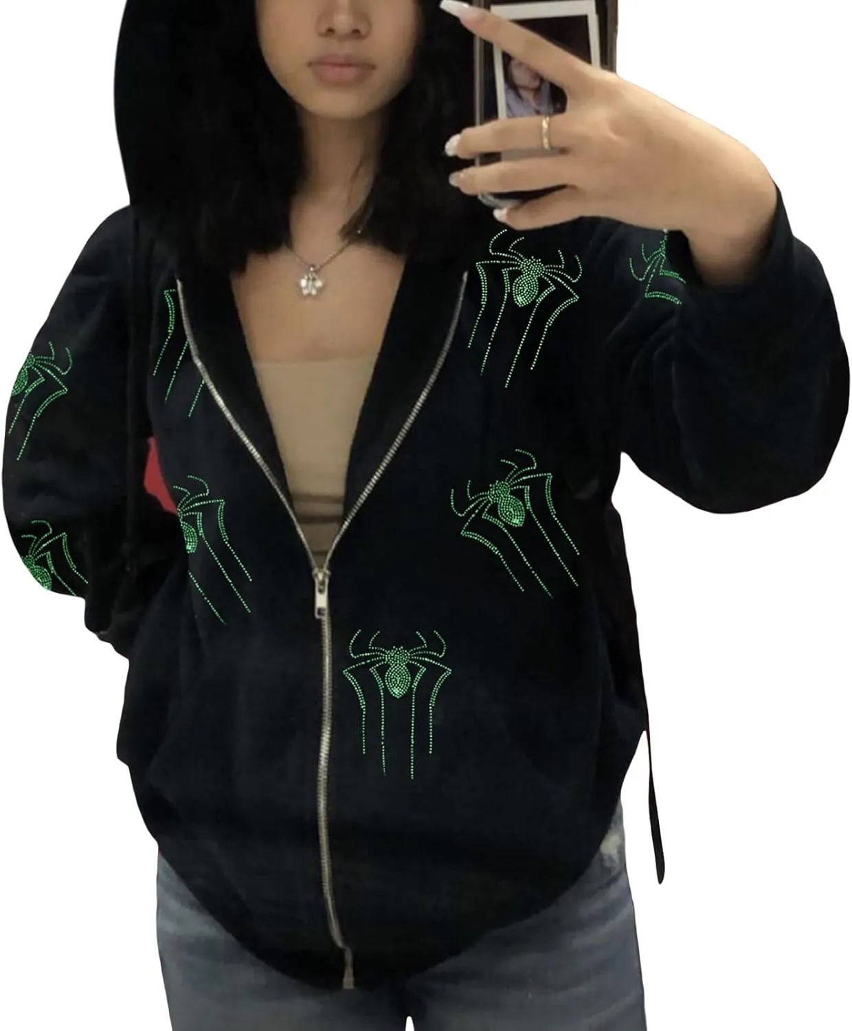 Kaipiclos Skeleton Hoodie Men Women Full Zip Up Hoodie Over Face Oversized Graphic Rhinestone Skull Streetwear Jacket
