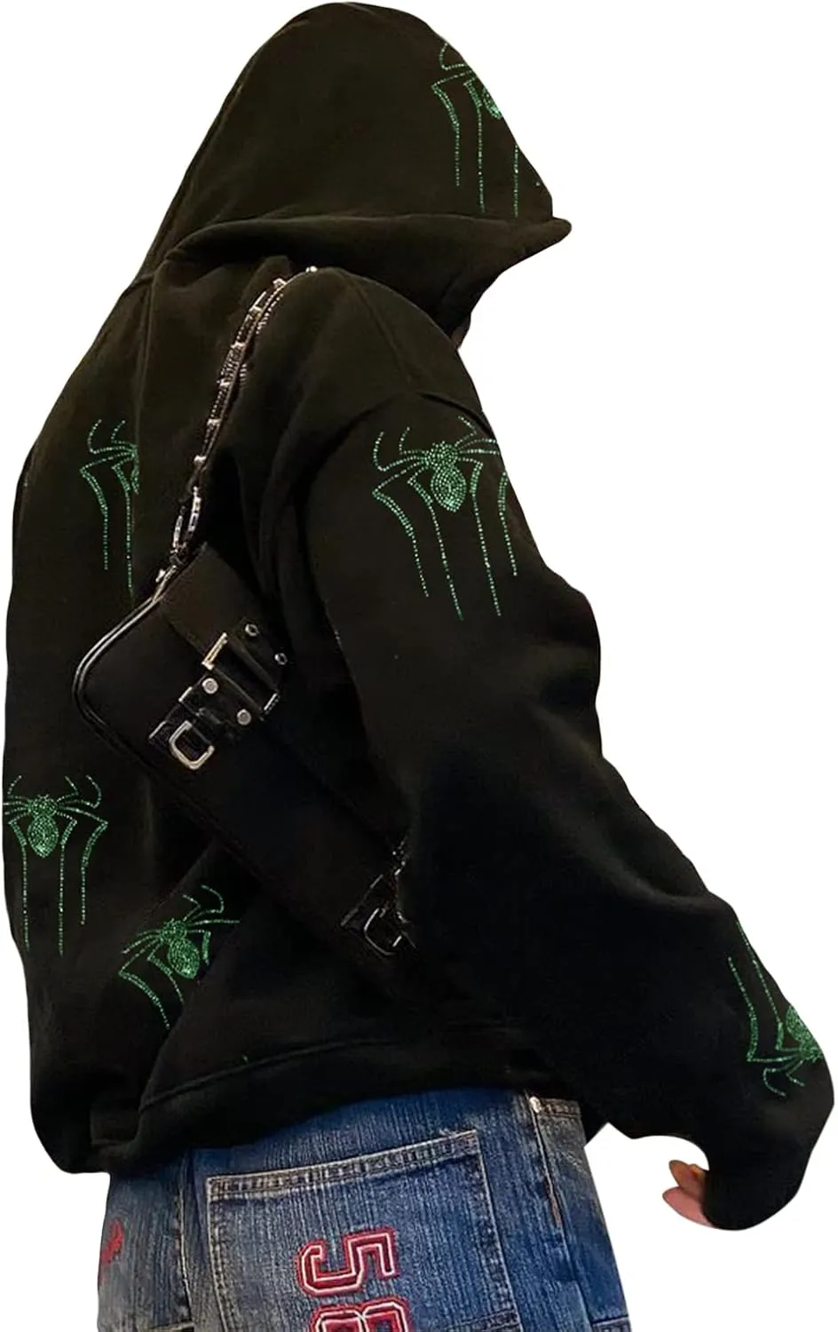 Kaipiclos Skeleton Hoodie Men Women Full Zip Up Hoodie Over Face Oversized Graphic Rhinestone Skull Streetwear Jacket
