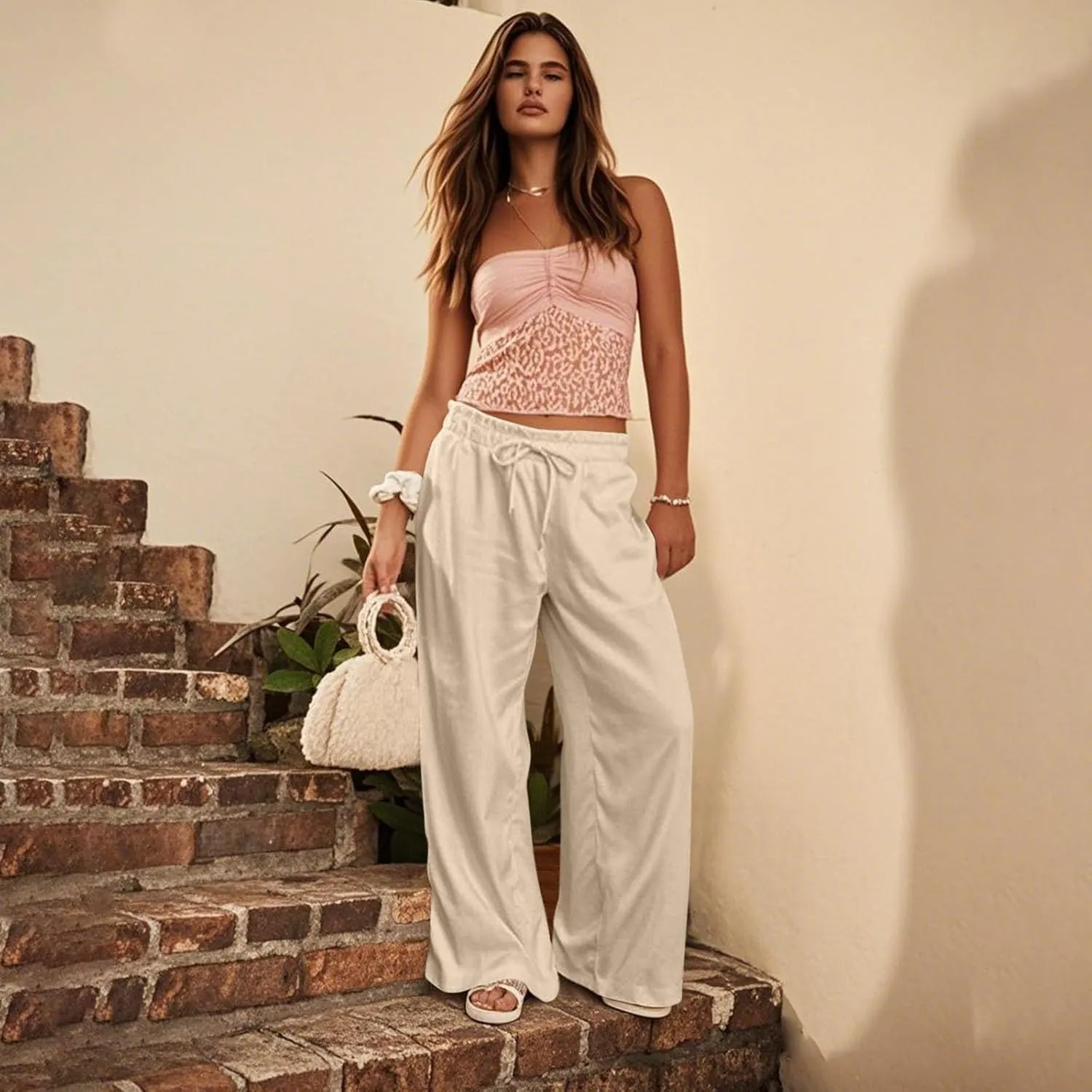 Linen Pants for Women Casual 2025 Summer Elastic Waist Drawstring Lounge Pants with Pockets High Waisted Solid Clothes