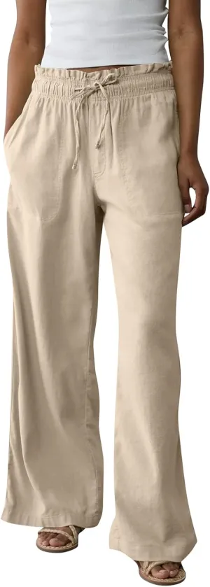 Linen Pants for Women Casual 2025 Summer Elastic Waist Drawstring Lounge Pants with Pockets High Waisted Solid Clothes