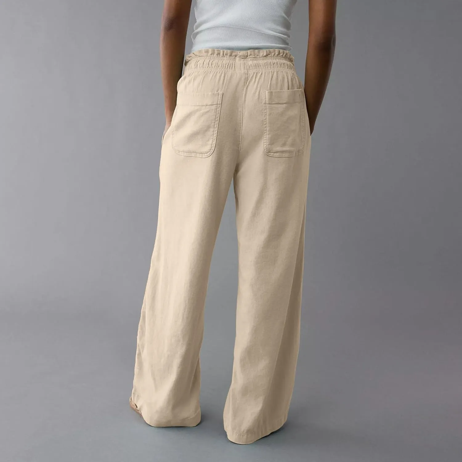 Linen Pants for Women Casual 2025 Summer Elastic Waist Drawstring Lounge Pants with Pockets High Waisted Solid Clothes