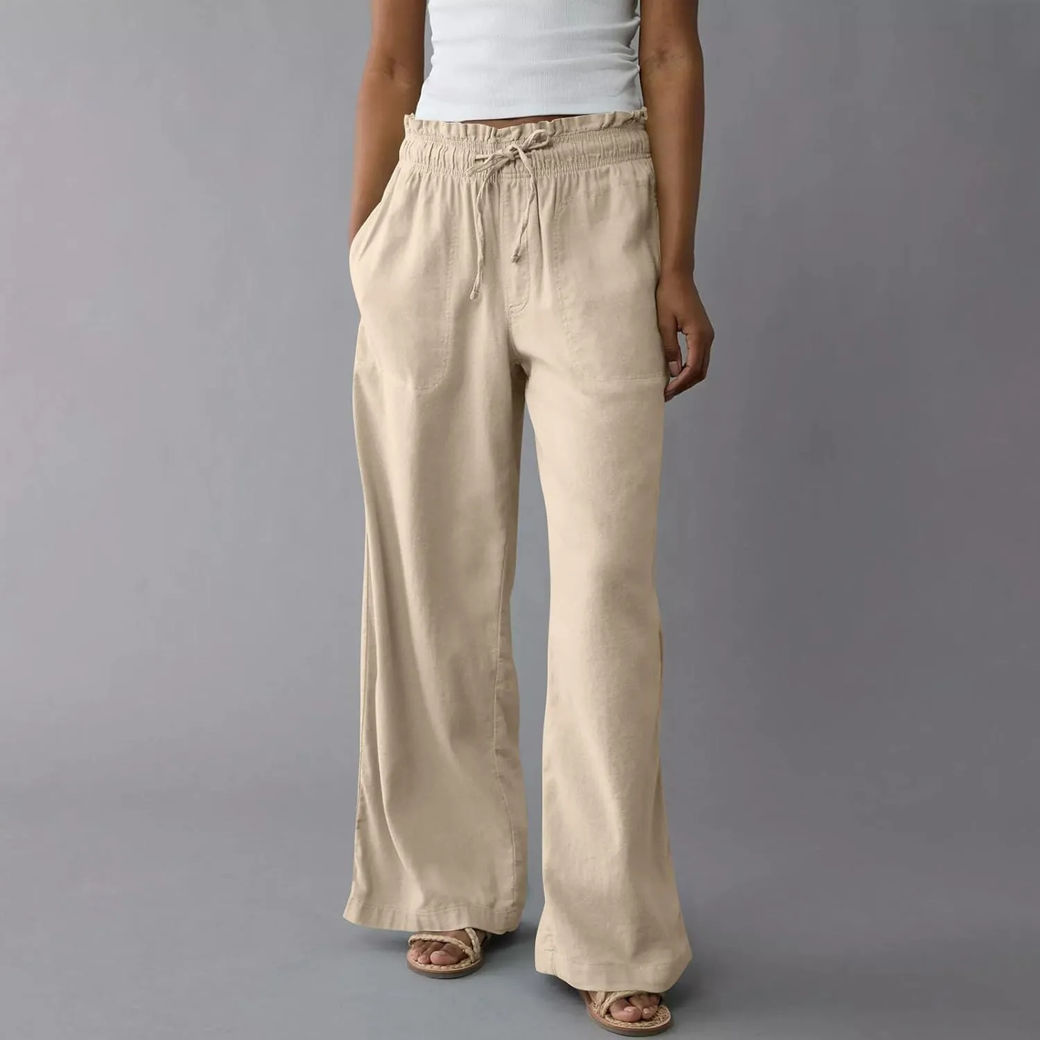 Linen Pants for Women Casual 2025 Summer Elastic Waist Drawstring Lounge Pants with Pockets High Waisted Solid Clothes