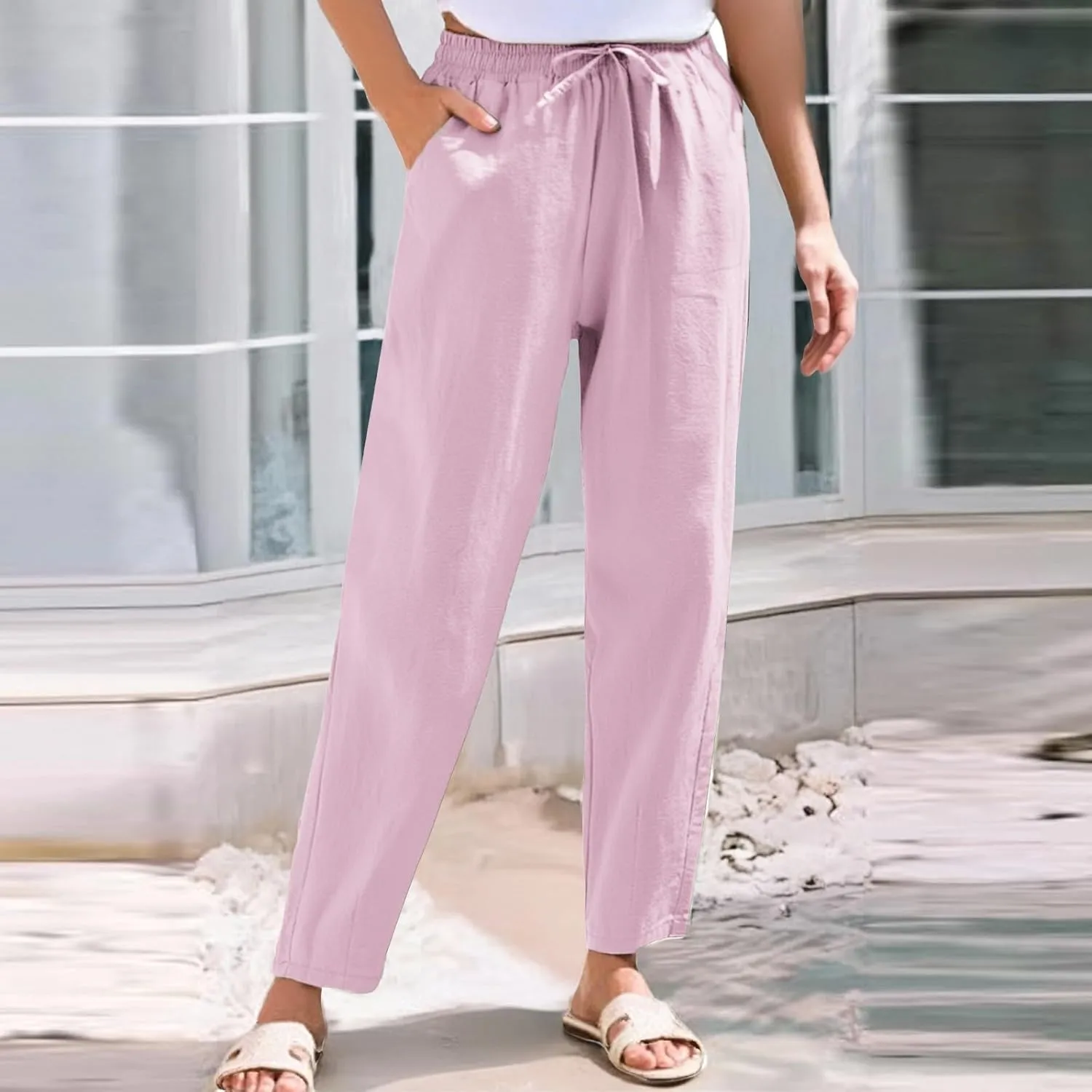 Linen Pants Women Wide Leg Palazzo Pants High Elastic Waisted Lounge Pants with Pockets Drawstring