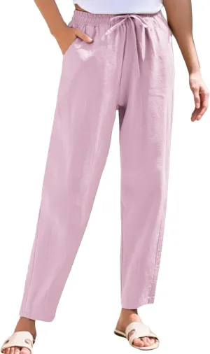 Linen Pants Women Wide Leg Palazzo Pants High Elastic Waisted Lounge Pants with Pockets Drawstring
