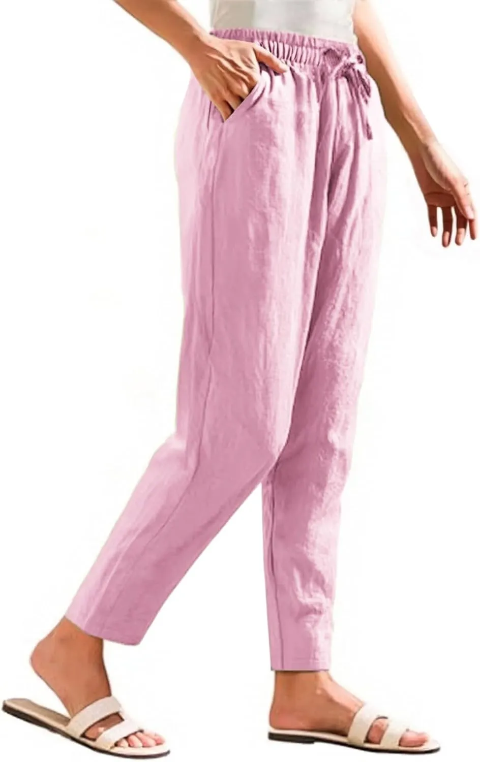 Linen Pants Women Wide Leg Palazzo Pants High Elastic Waisted Lounge Pants with Pockets Drawstring