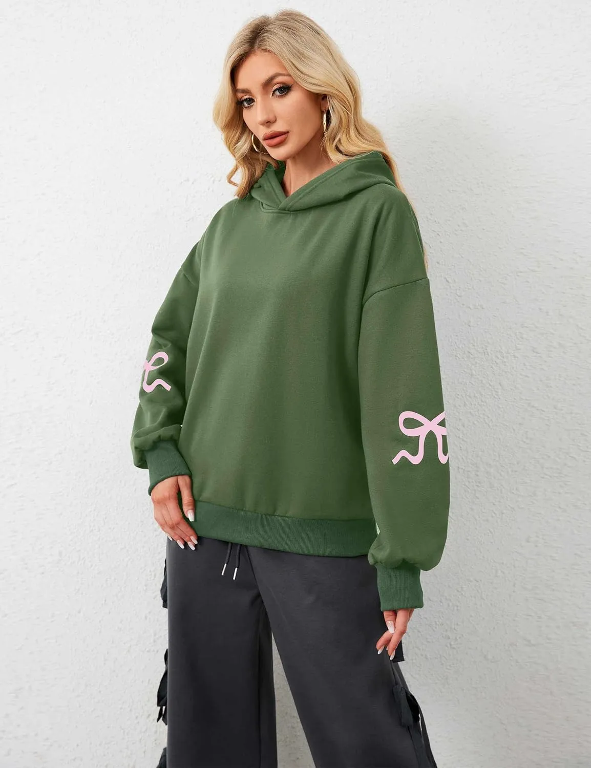 Livtany Women's Bow Trim Print Fleeced Hoodies Oversized Long Sleeve Hooded Sweatshirts Graphic Drop Shoulder Pullover Top