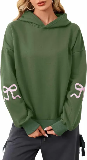 Livtany Women's Bow Trim Print Fleeced Hoodies Oversized Long Sleeve Hooded Sweatshirts Graphic Drop Shoulder Pullover Top