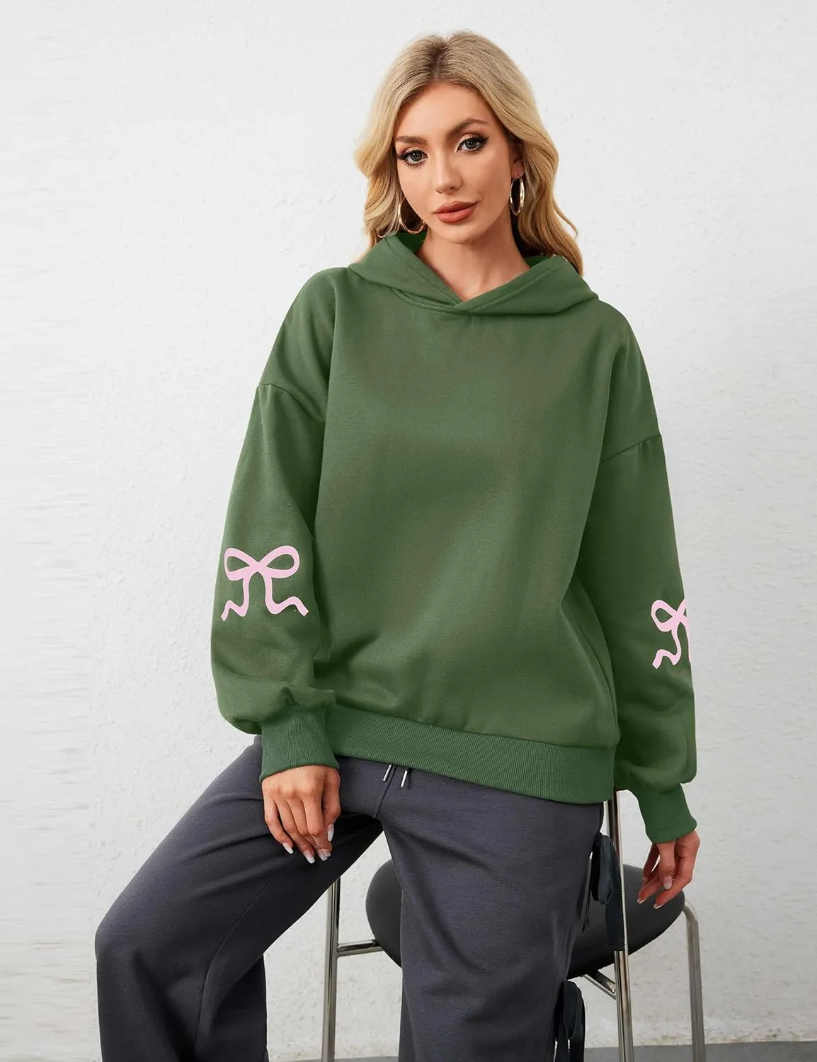 Livtany Women's Bow Trim Print Fleeced Hoodies Oversized Long Sleeve Hooded Sweatshirts Graphic Drop Shoulder Pullover Top