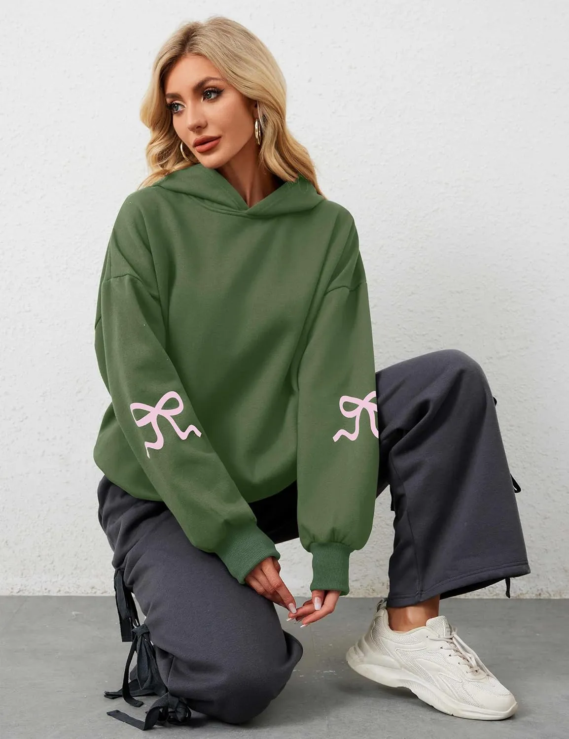 Livtany Women's Bow Trim Print Fleeced Hoodies Oversized Long Sleeve Hooded Sweatshirts Graphic Drop Shoulder Pullover Top