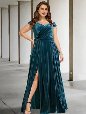 Luolandi A-Line Plus Size Curve Mother of the Bride Dresses Vintage Dress Formal Floor Length Short Sleeve Off Shoulder Velvet