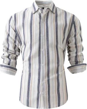 Men Cotton and Linen Shirt Button Down Lapel Striped Printed Long Sleeve Blouse Tops Casual Soft Slim Fit Shirts