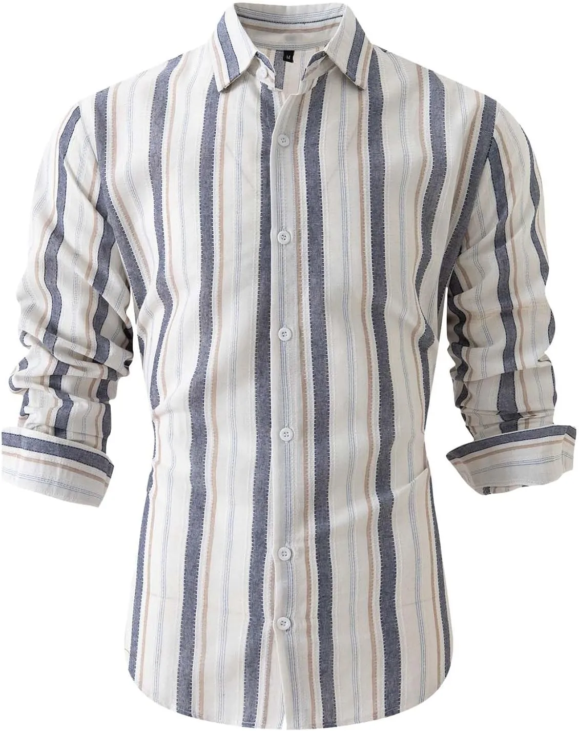Men Cotton and Linen Shirt Button Down Lapel Striped Printed Long Sleeve Blouse Tops Casual Soft Slim Fit Shirts