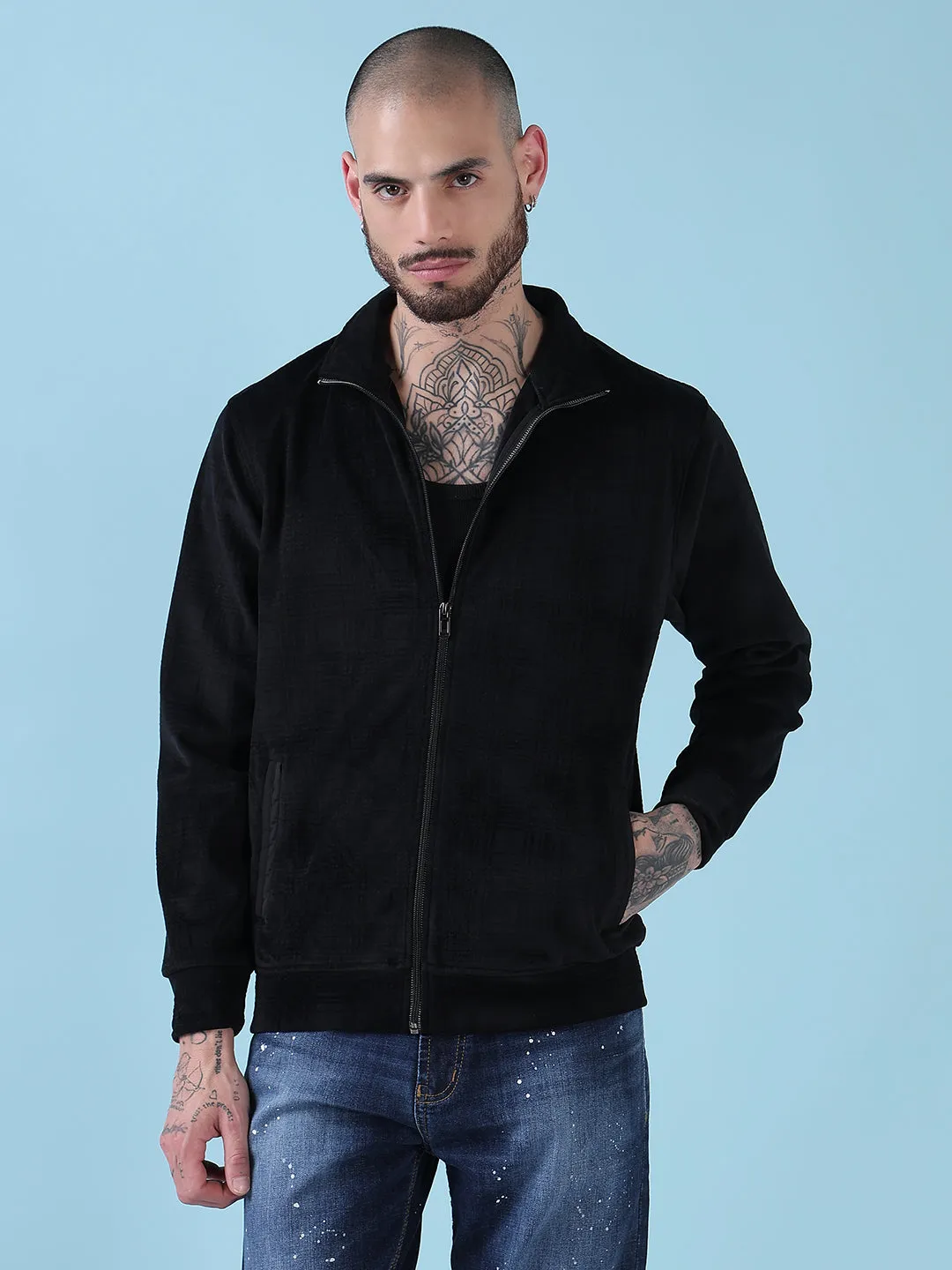 Men Mock Collar Black Checked Sporty Jacket