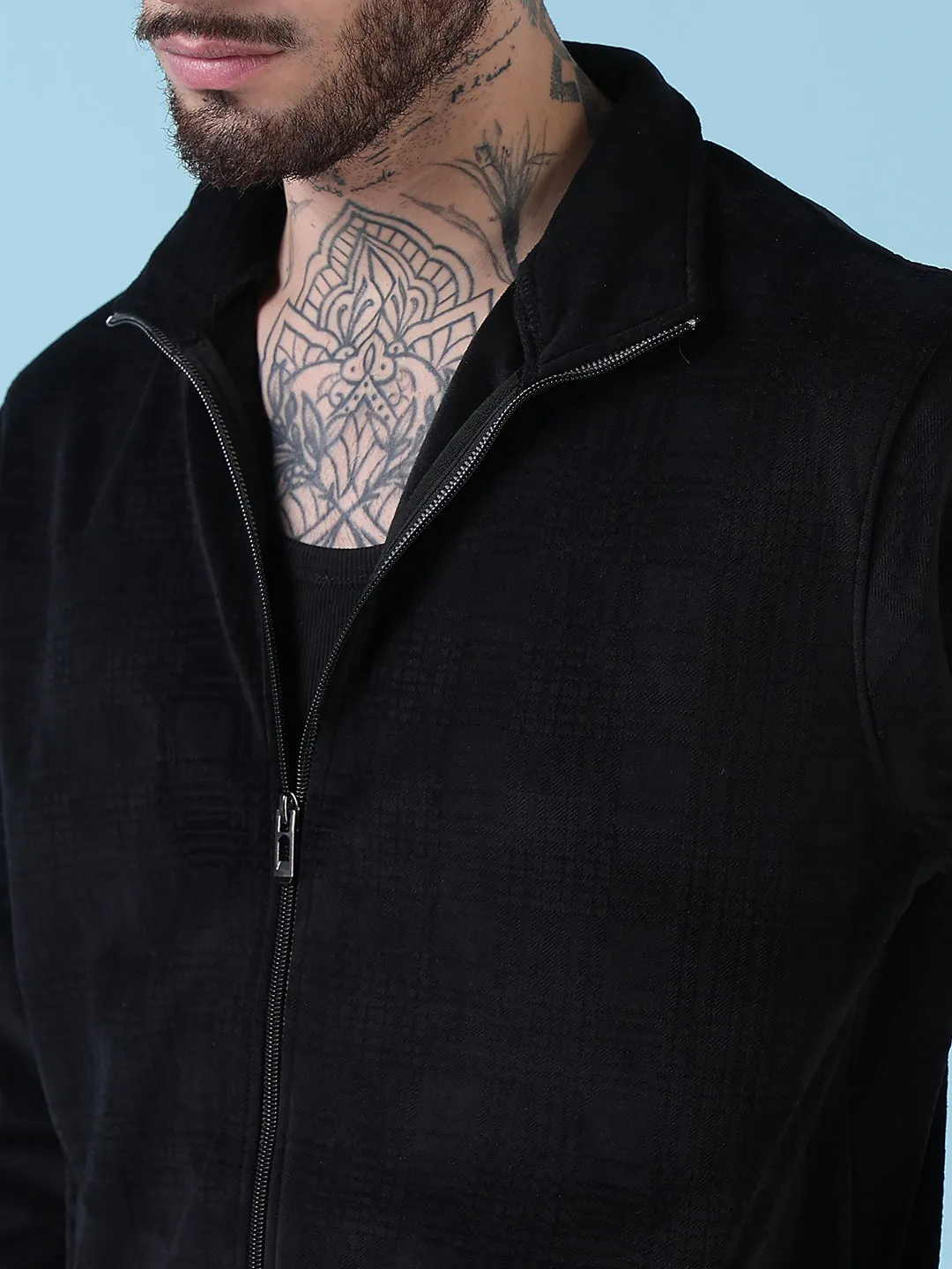 Men Mock Collar Black Checked Sporty Jacket