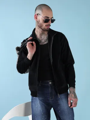 Men Mock Collar Black Checked Sporty Jacket