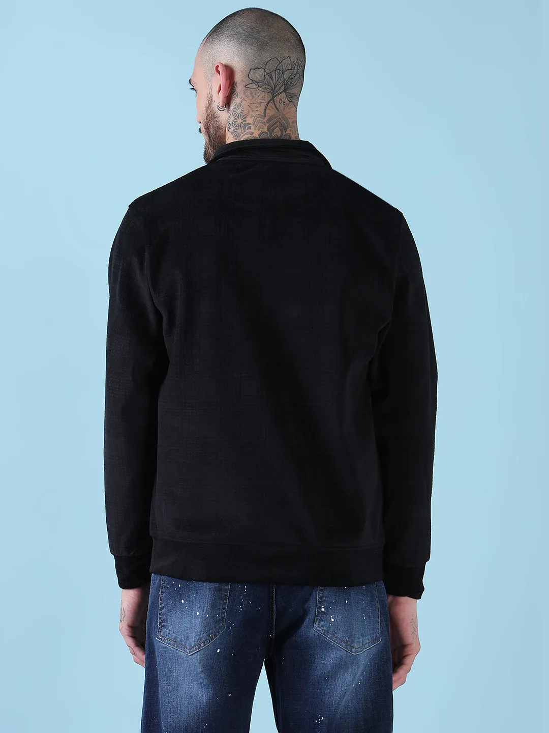 Men Mock Collar Black Checked Sporty Jacket