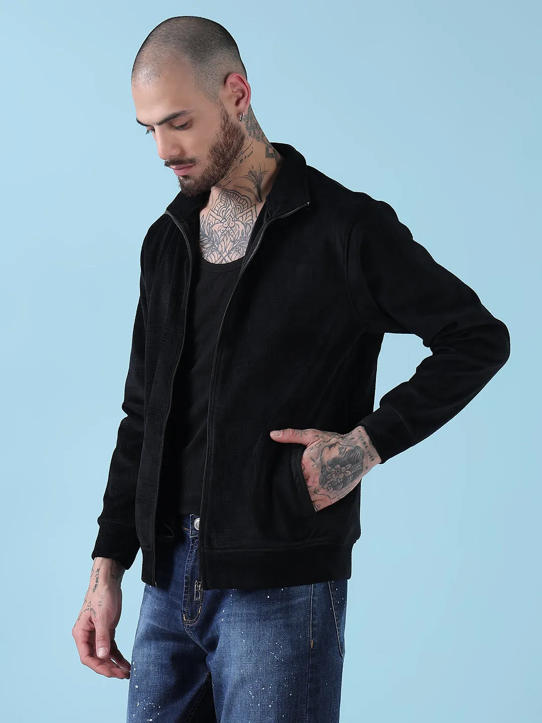 Men Mock Collar Black Checked Sporty Jacket