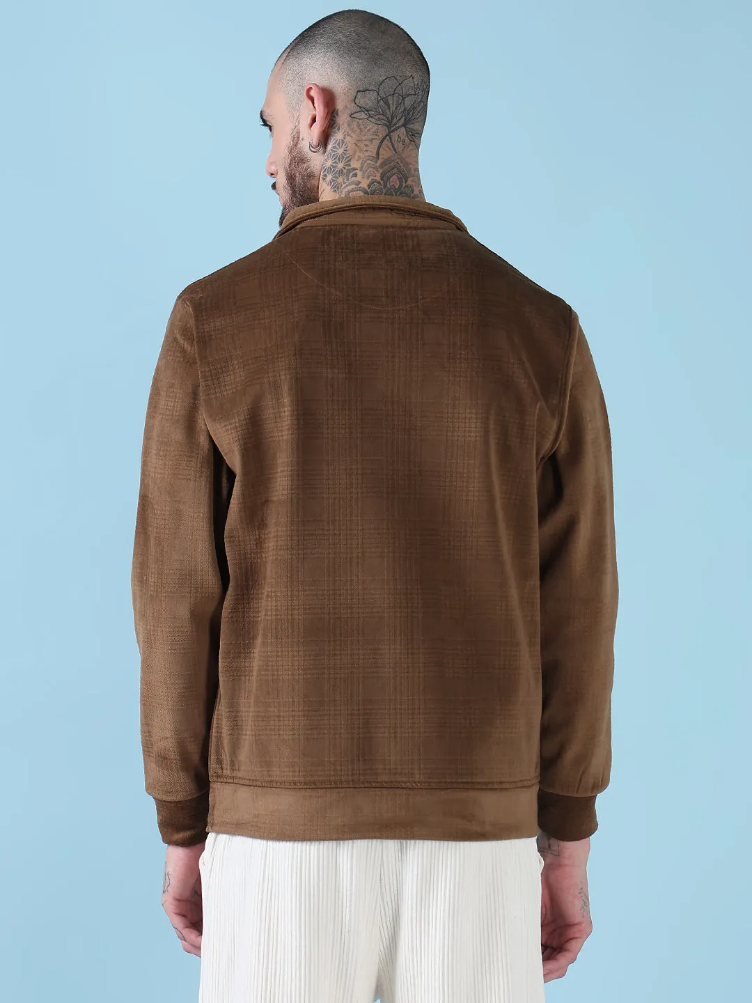 Men Mock Collar Brown Checked Sporty Jacket
