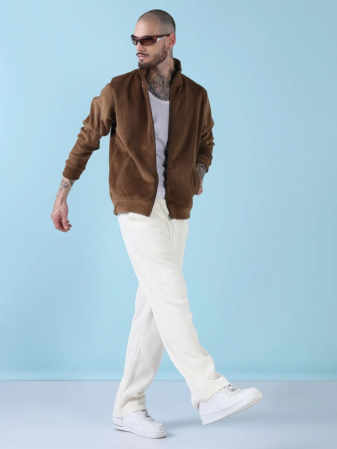 Men Mock Collar Brown Checked Sporty Jacket
