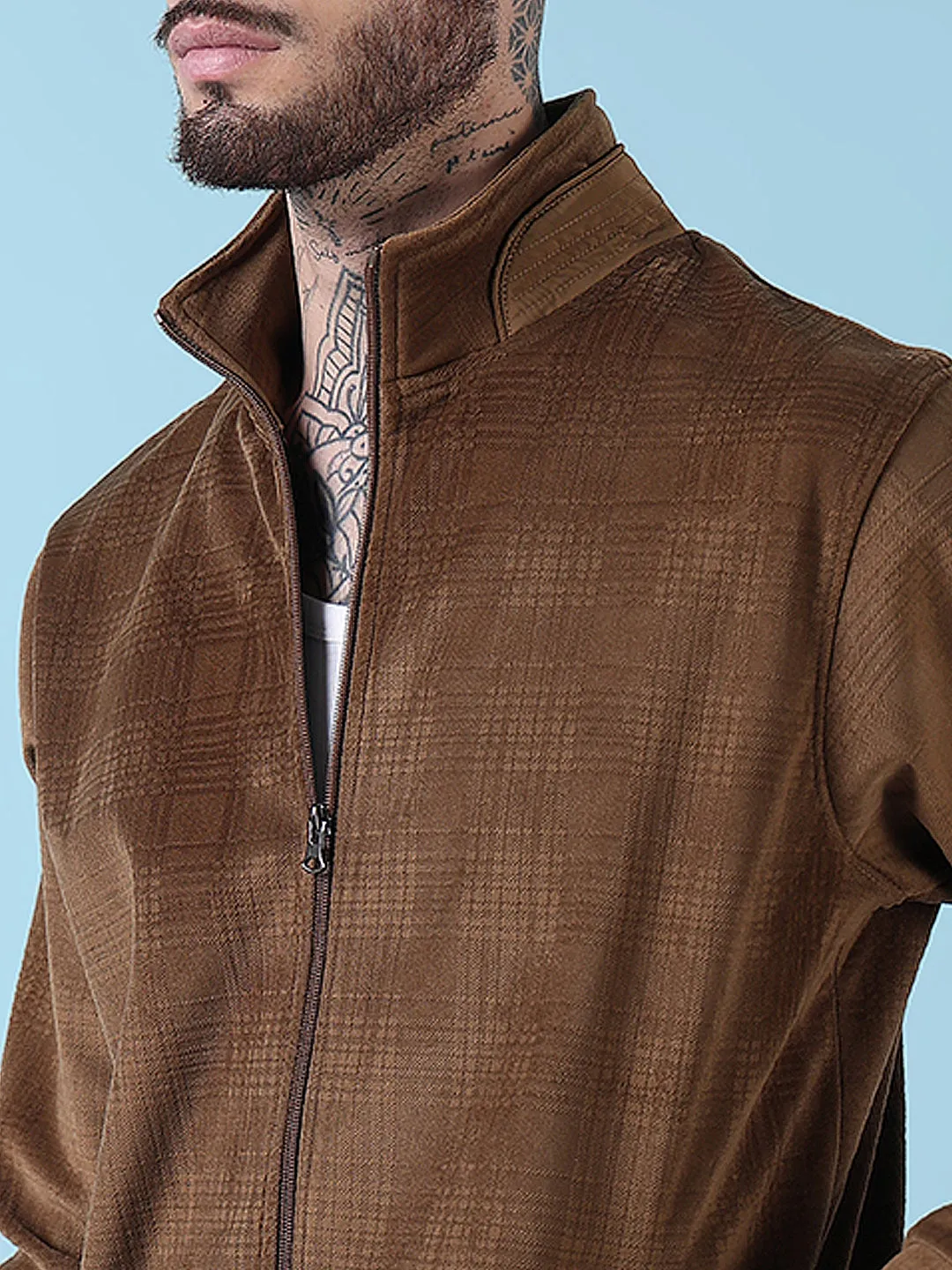 Men Mock Collar Brown Checked Sporty Jacket