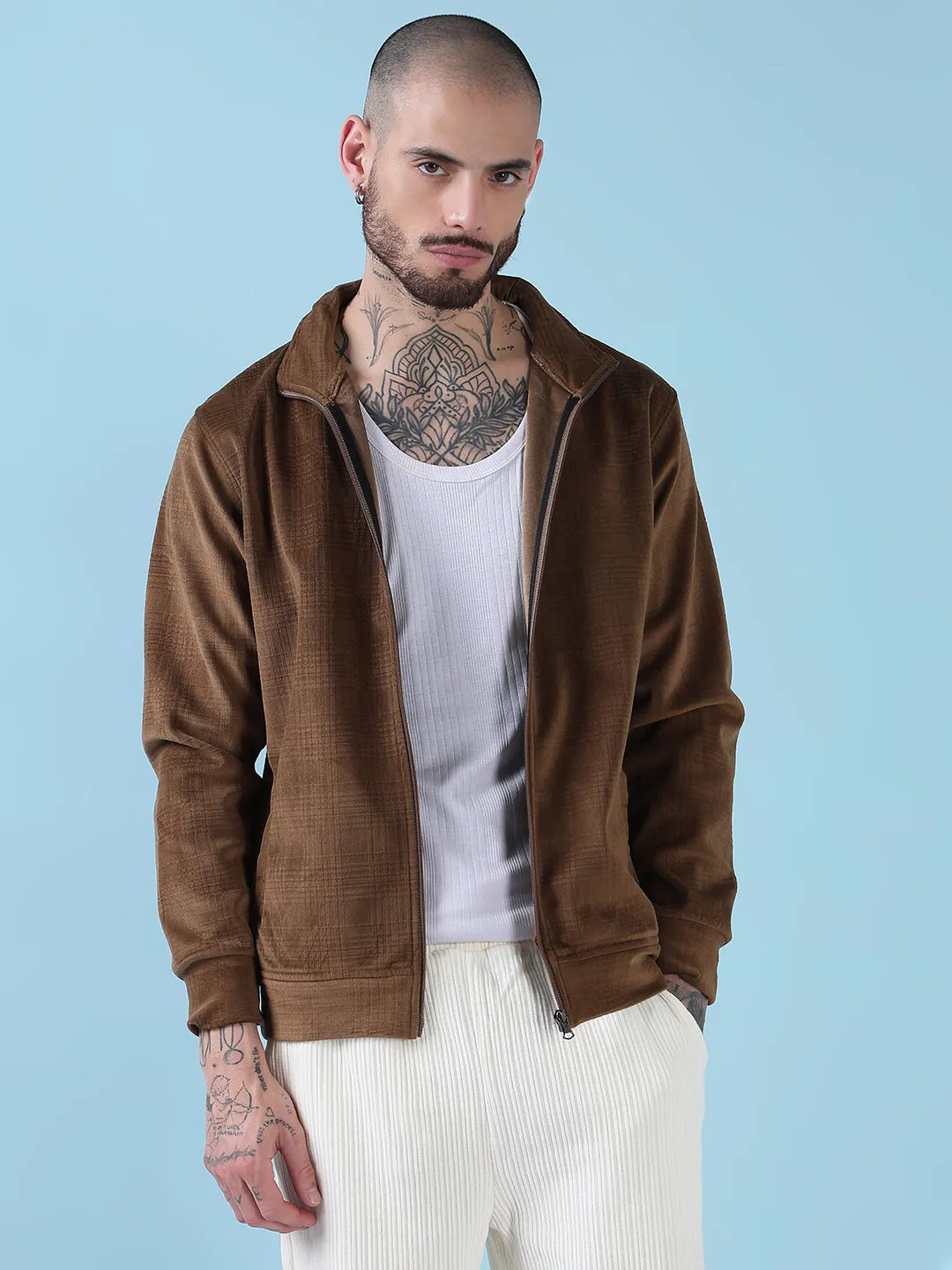 Men Mock Collar Brown Checked Sporty Jacket