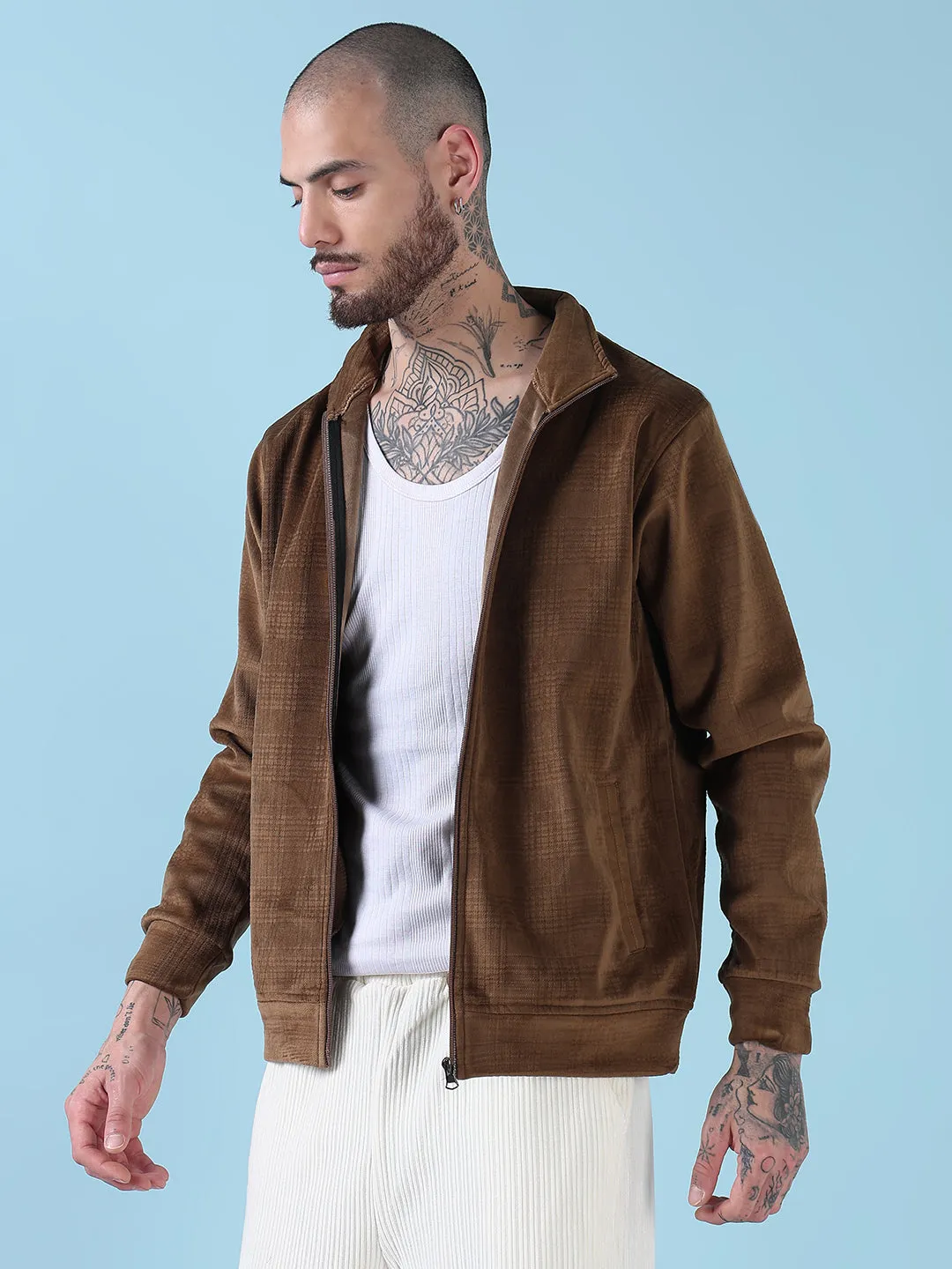 Men Mock Collar Brown Checked Sporty Jacket